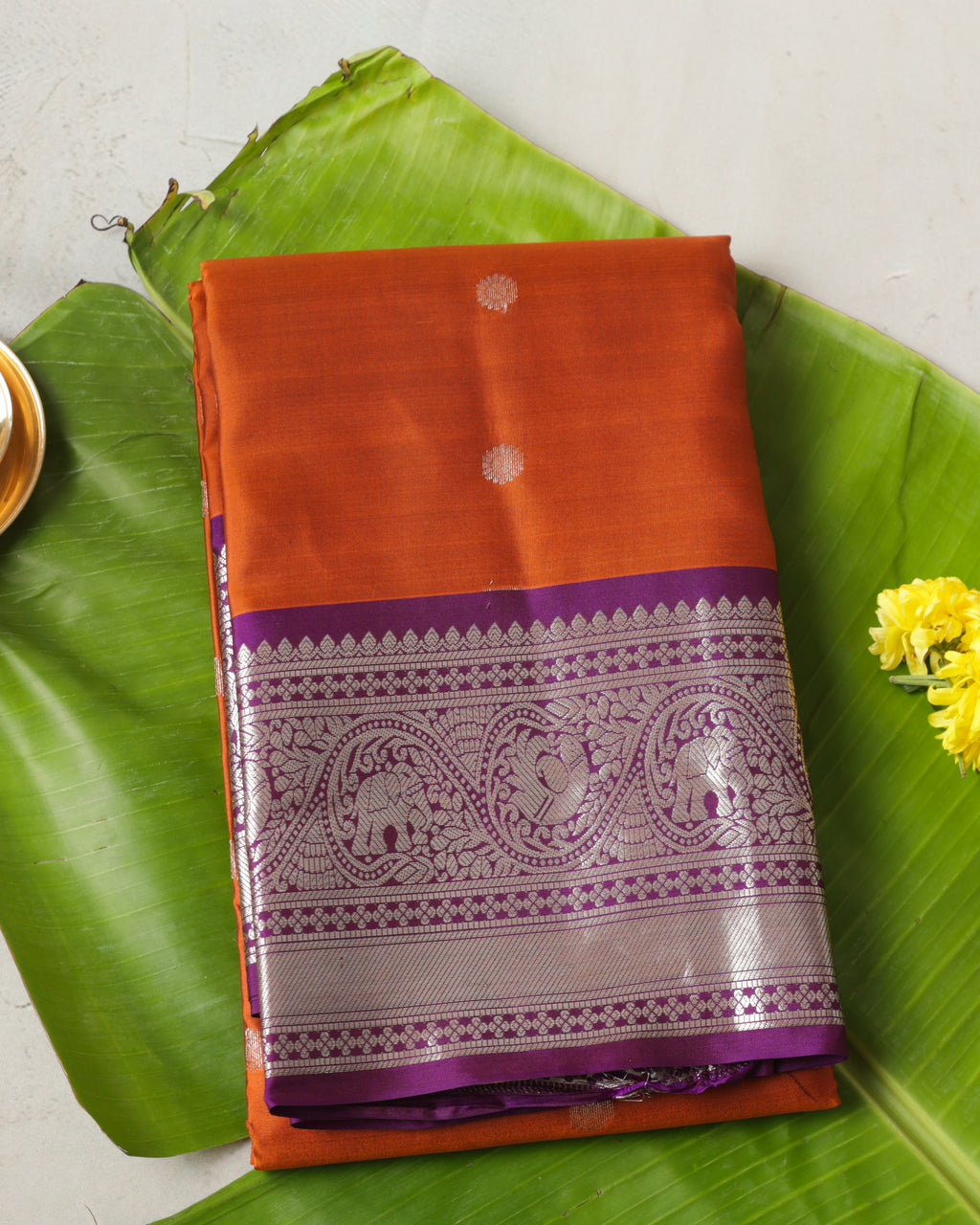 Kanchipuram Pure Silk Saree – Rust Orange & Purple with Silver Zari