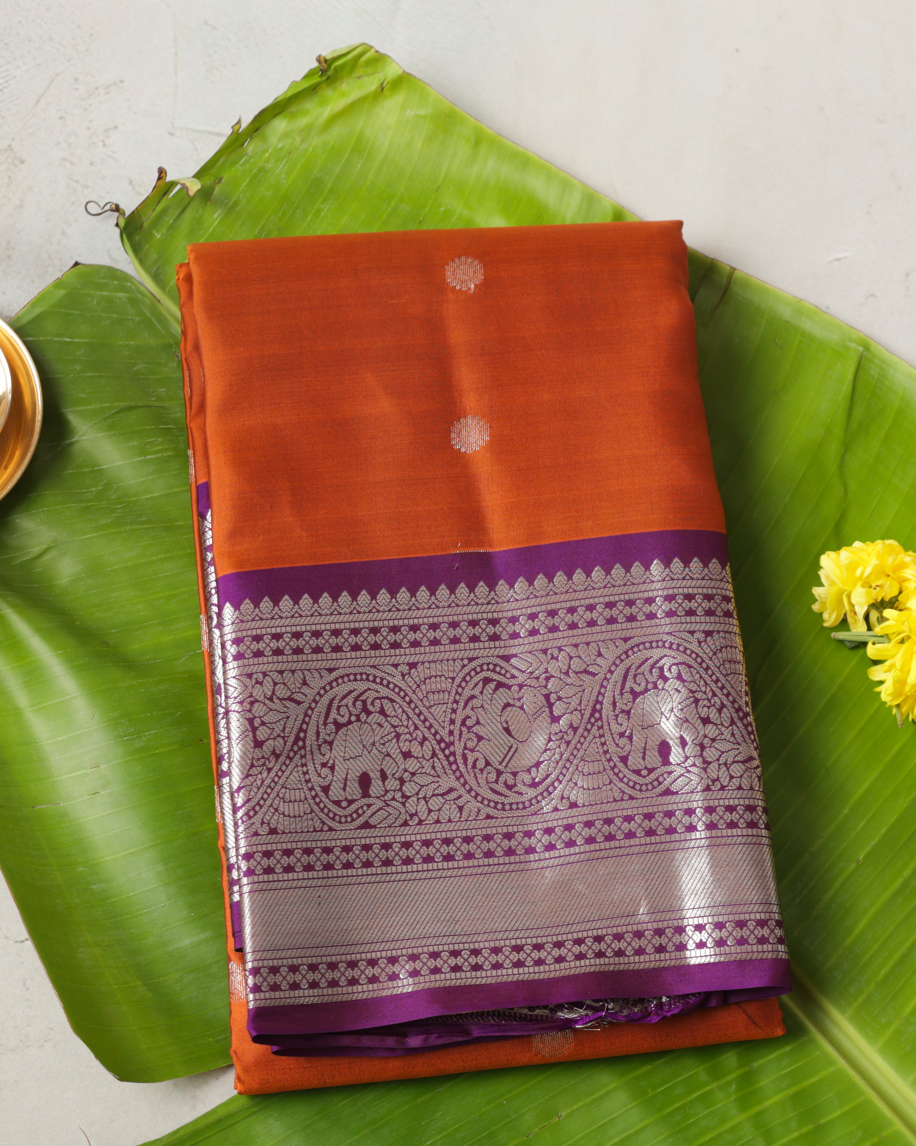 Kanchipuram Pure Silk Saree – Rust Orange & Purple with Silver Zari