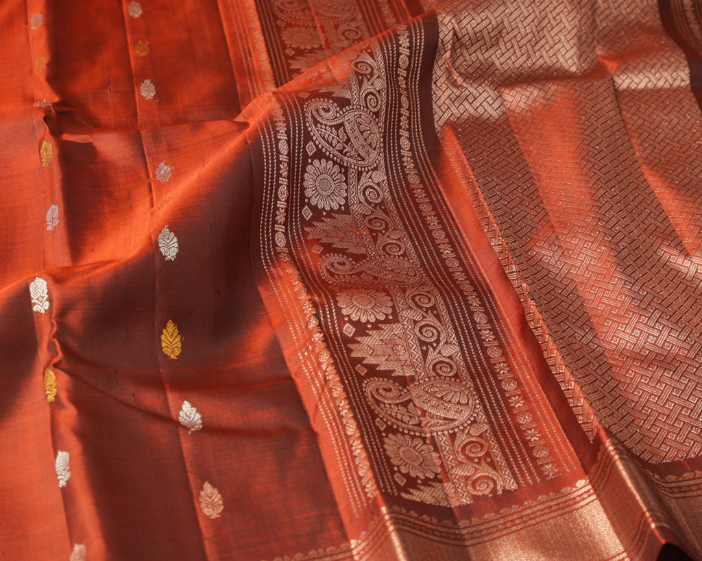 Brick Colour Kanchipuram Pure Silk Saree with Golden Zari