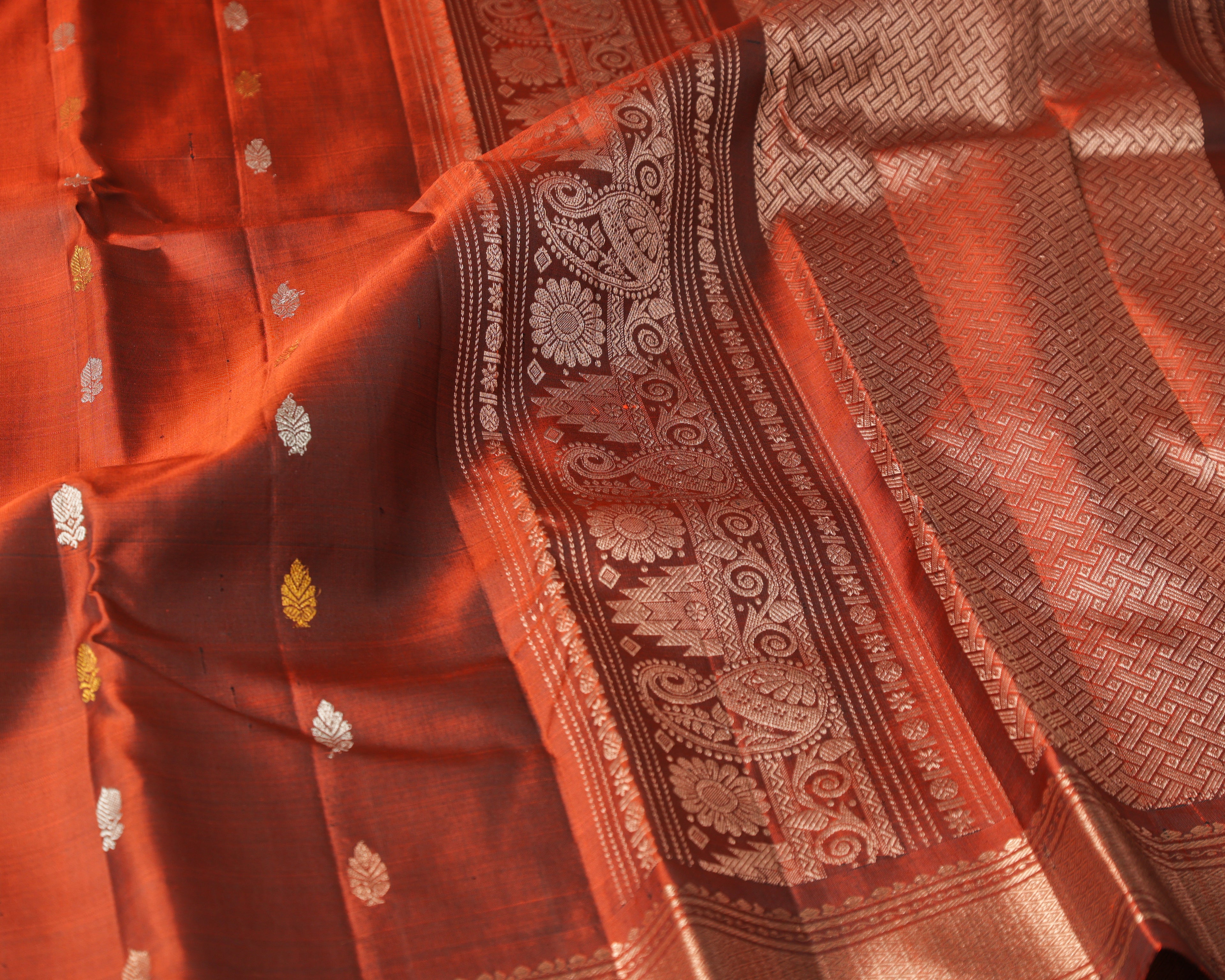 Brick Colour Kanchipuram Pure Silk Saree with Golden Zari