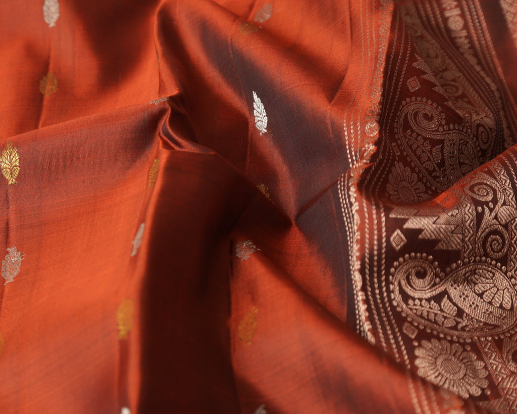 Brick Colour Kanchipuram Pure Silk Saree with Golden Zari