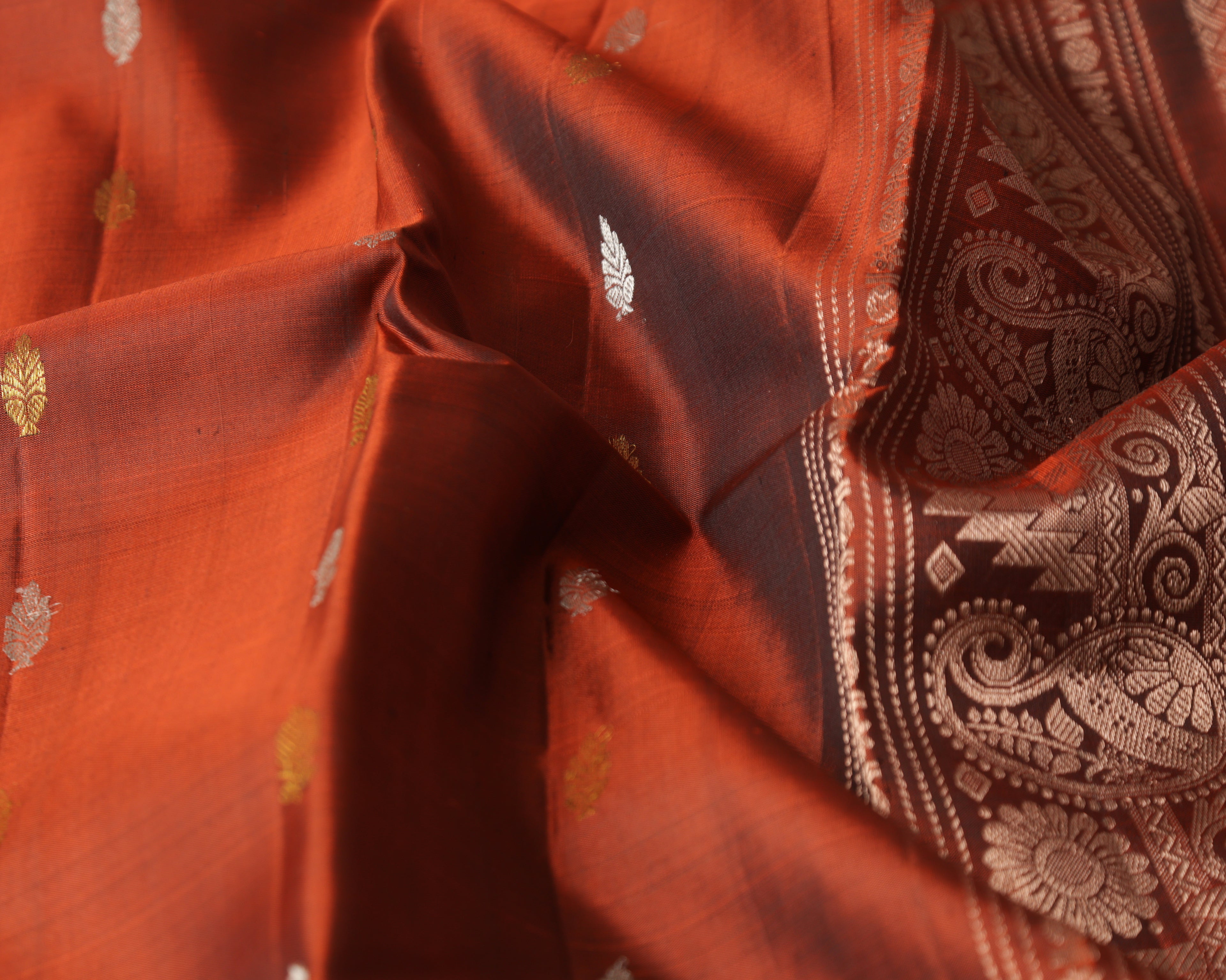 Brick Colour Kanchipuram Pure Silk Saree with Golden Zari