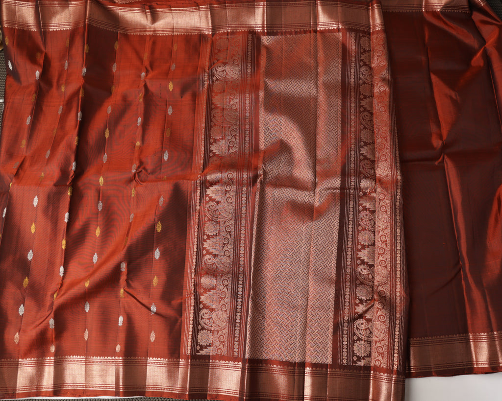 Brick Colour Kanchipuram Pure Silk Saree with Golden Zari