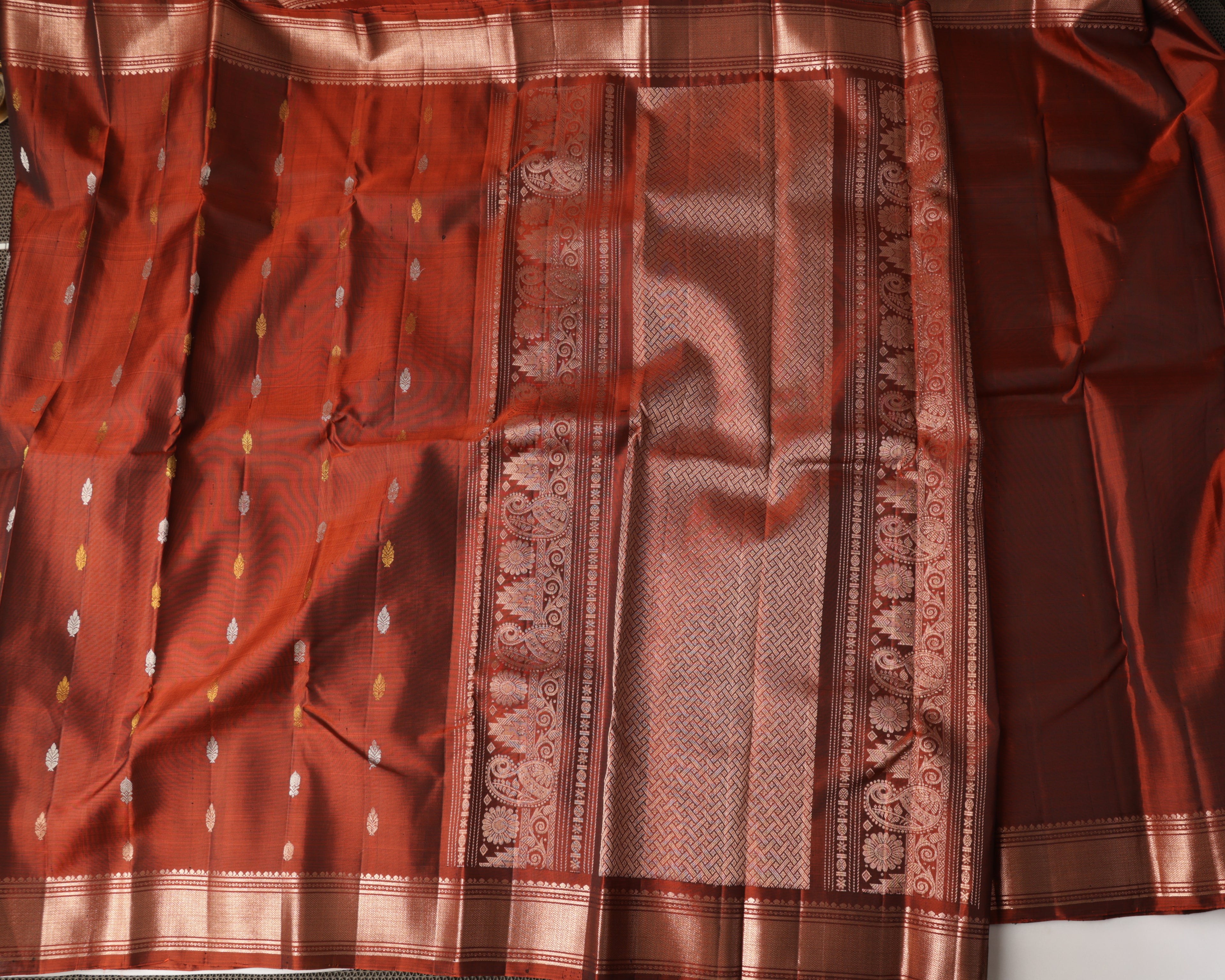 Brick Colour Kanchipuram Pure Silk Saree with Golden Zari