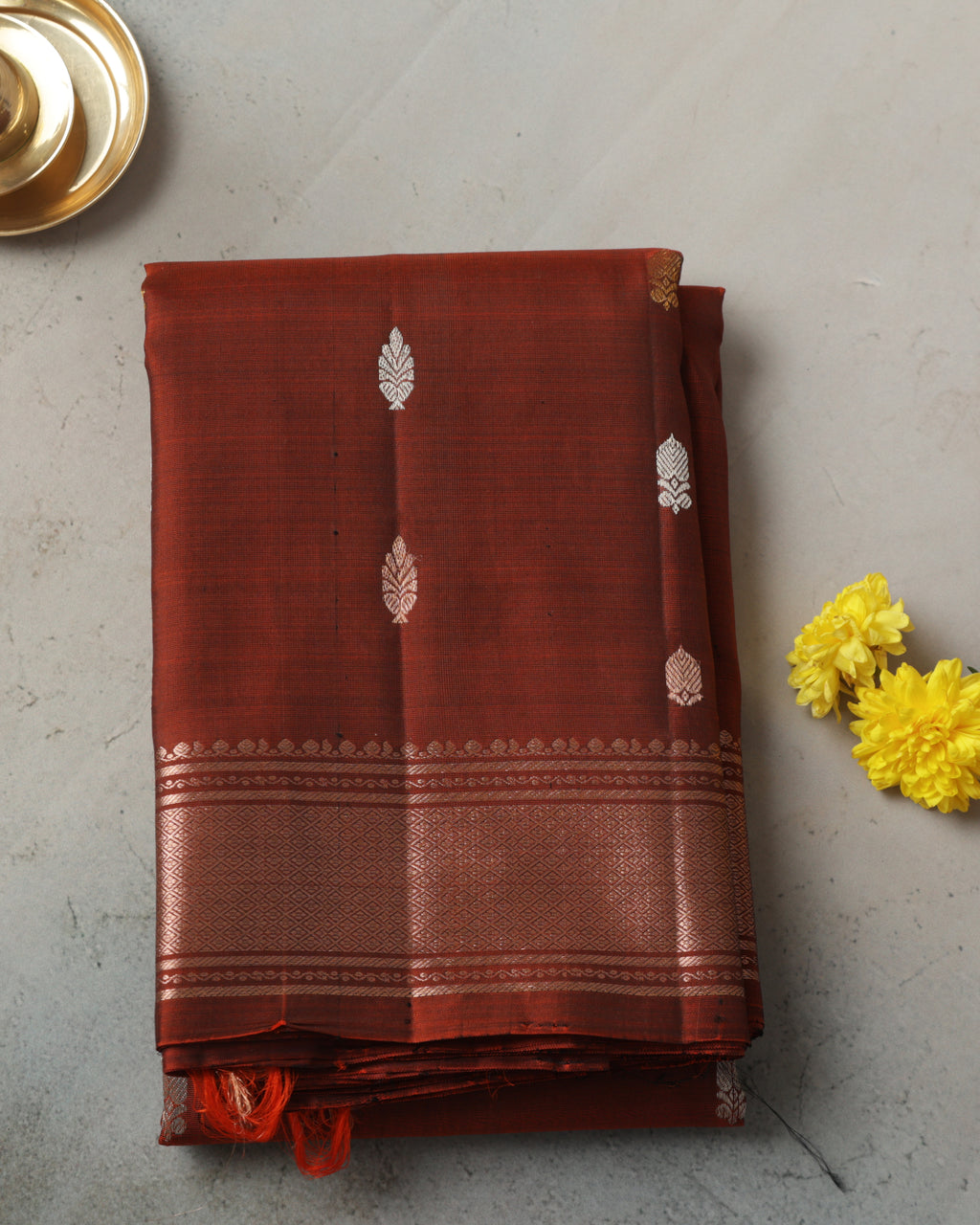 Brick Colour Kanchipuram Pure Silk Saree with Golden Zari