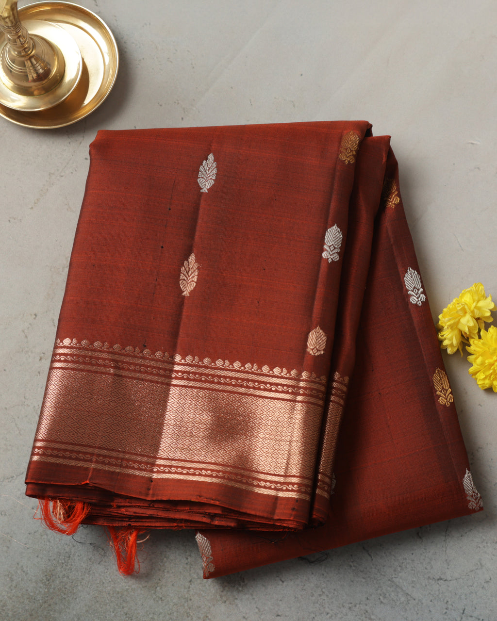 Brick Colour Kanchipuram Pure Silk Saree with Golden Zari