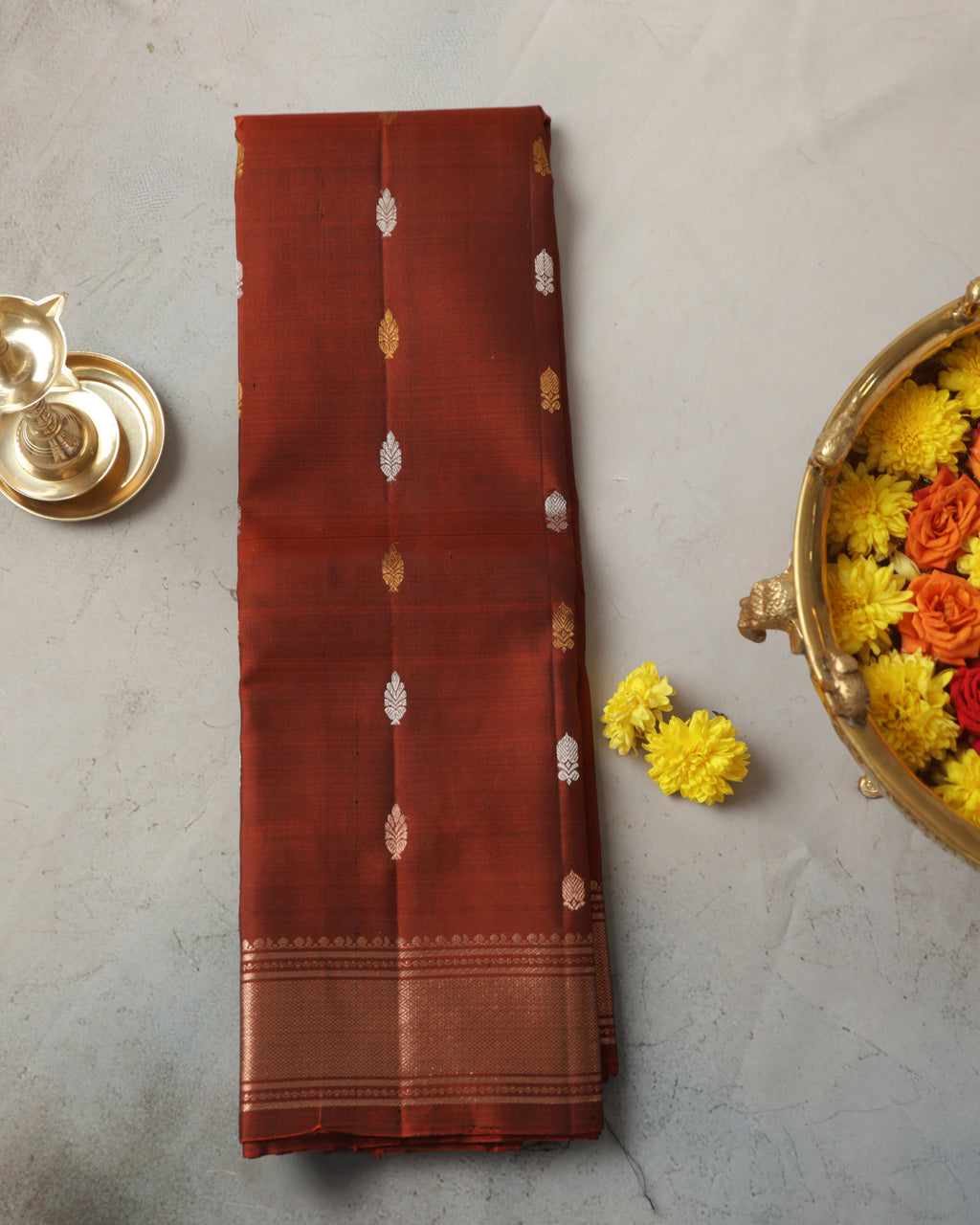 Brick Colour Kanchipuram Pure Silk Saree with Golden Zari