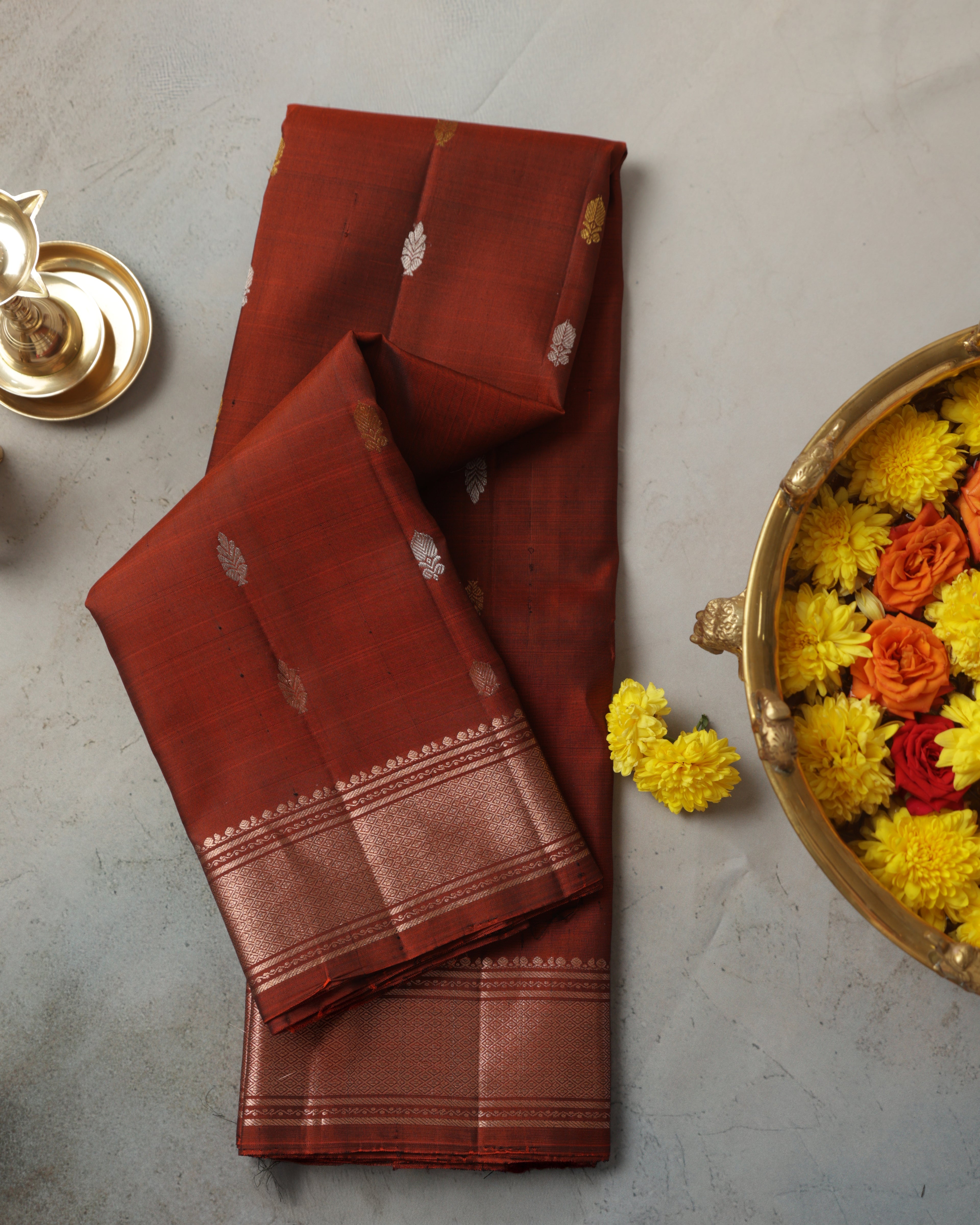 Brick Colour Kanchipuram Pure Silk Saree with Golden Zari