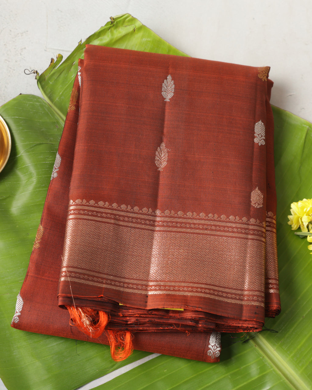 Brick Colour Kanchipuram Pure Silk Saree with Golden Zari