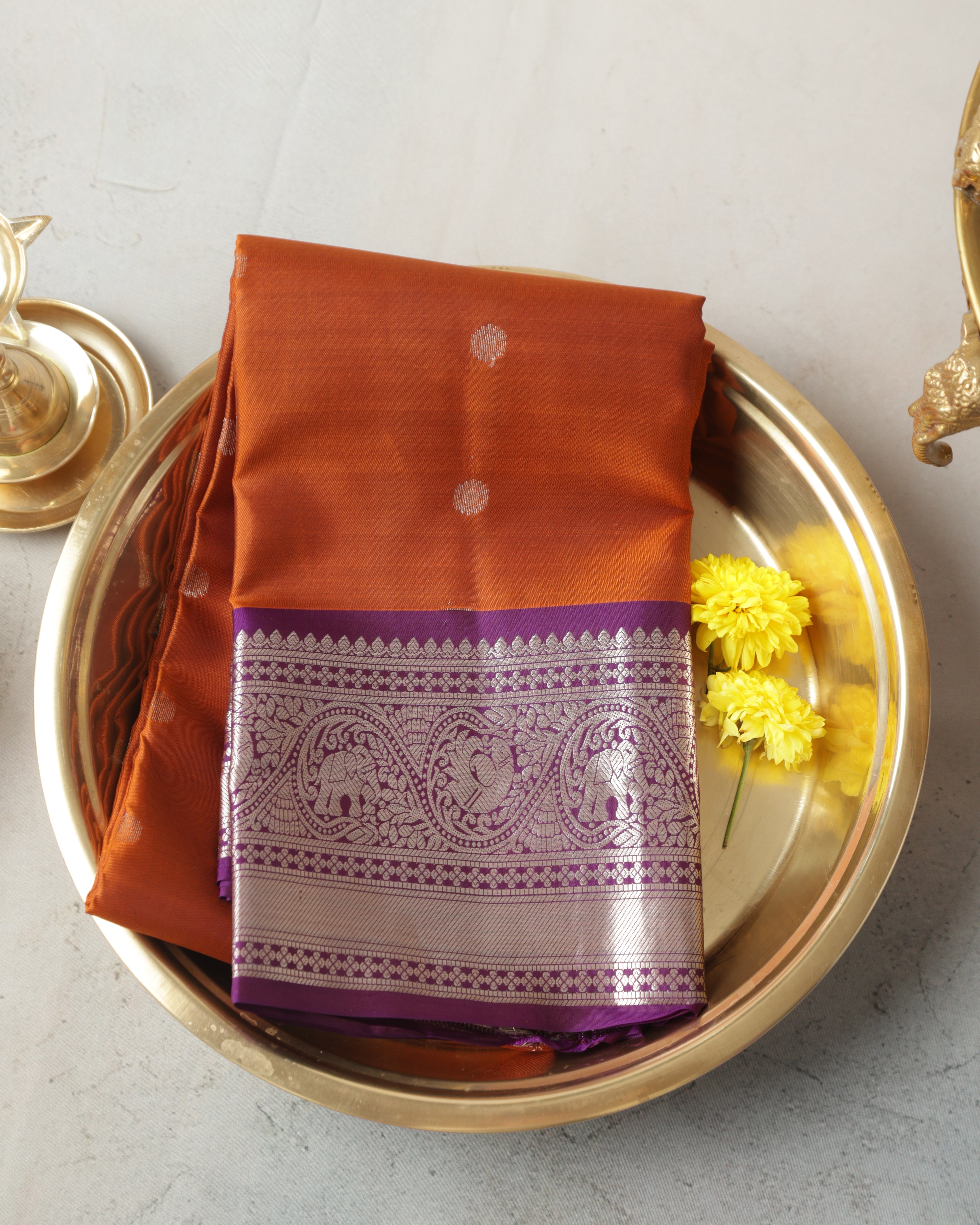 Kanchipuram Pure Silk Saree – Rust Orange & Purple with Silver Zari