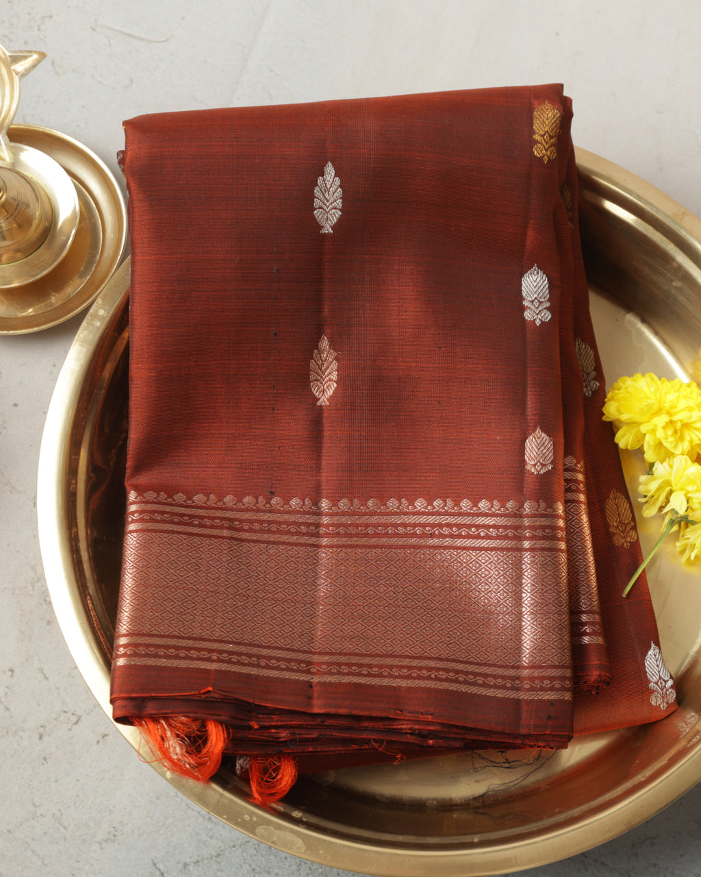 Brick Colour Kanchipuram Pure Silk Saree with Golden Zari