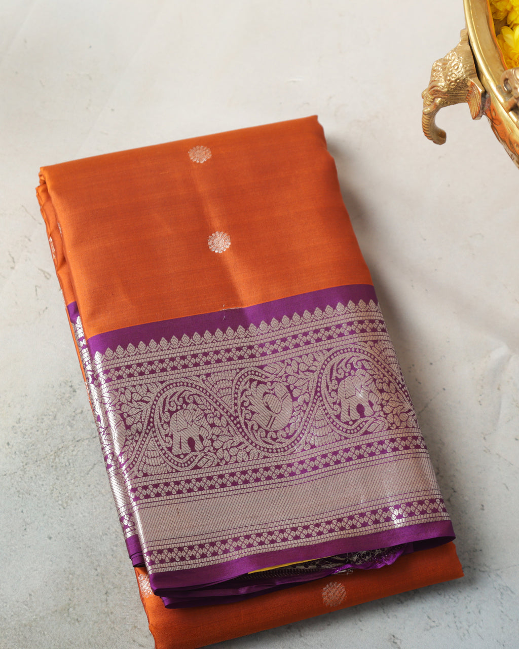 Kanchipuram Pure Silk Saree – Rust Orange & Purple with Silver Zari