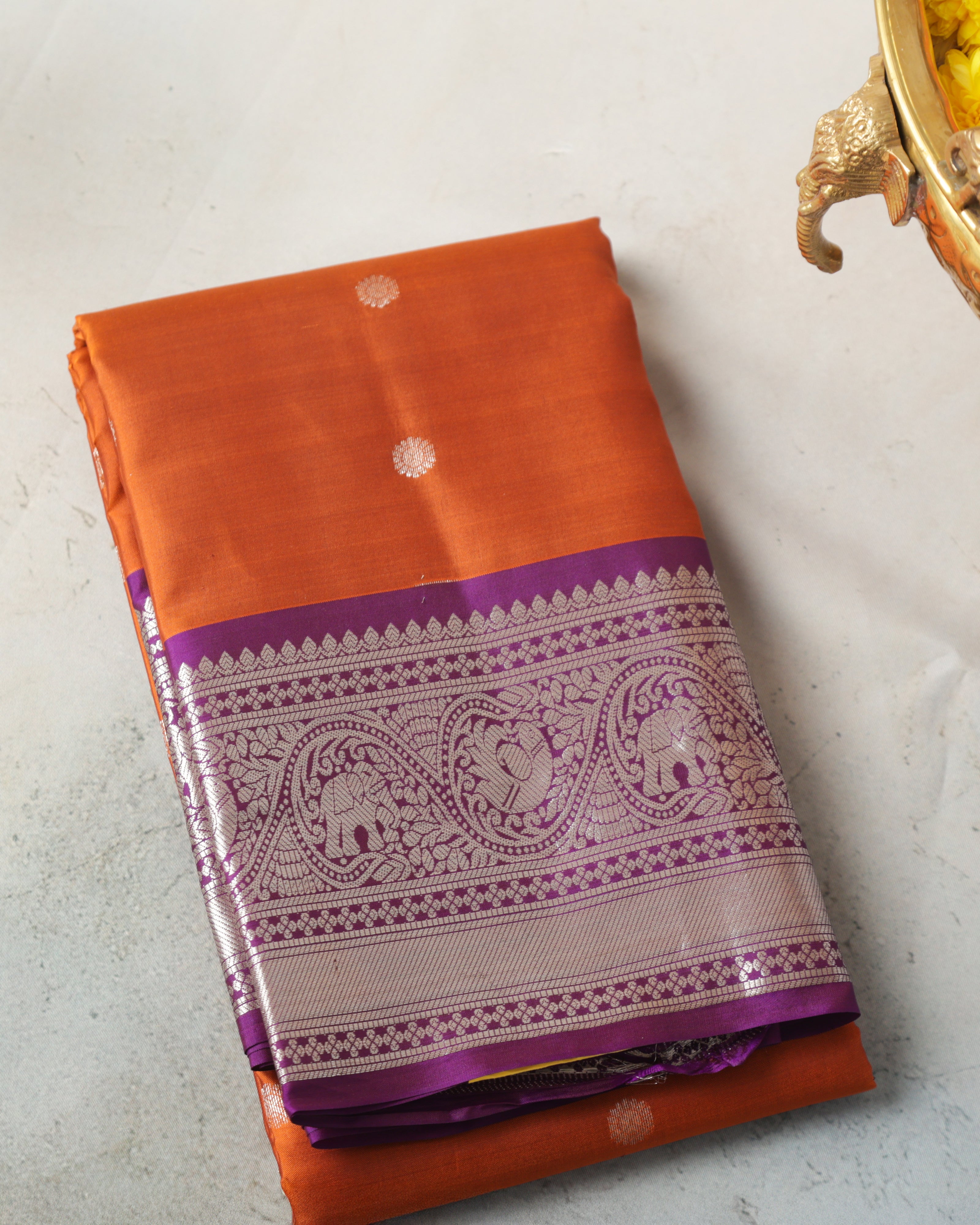 Kanchipuram Pure Silk Saree – Rust Orange & Purple with Silver Zari