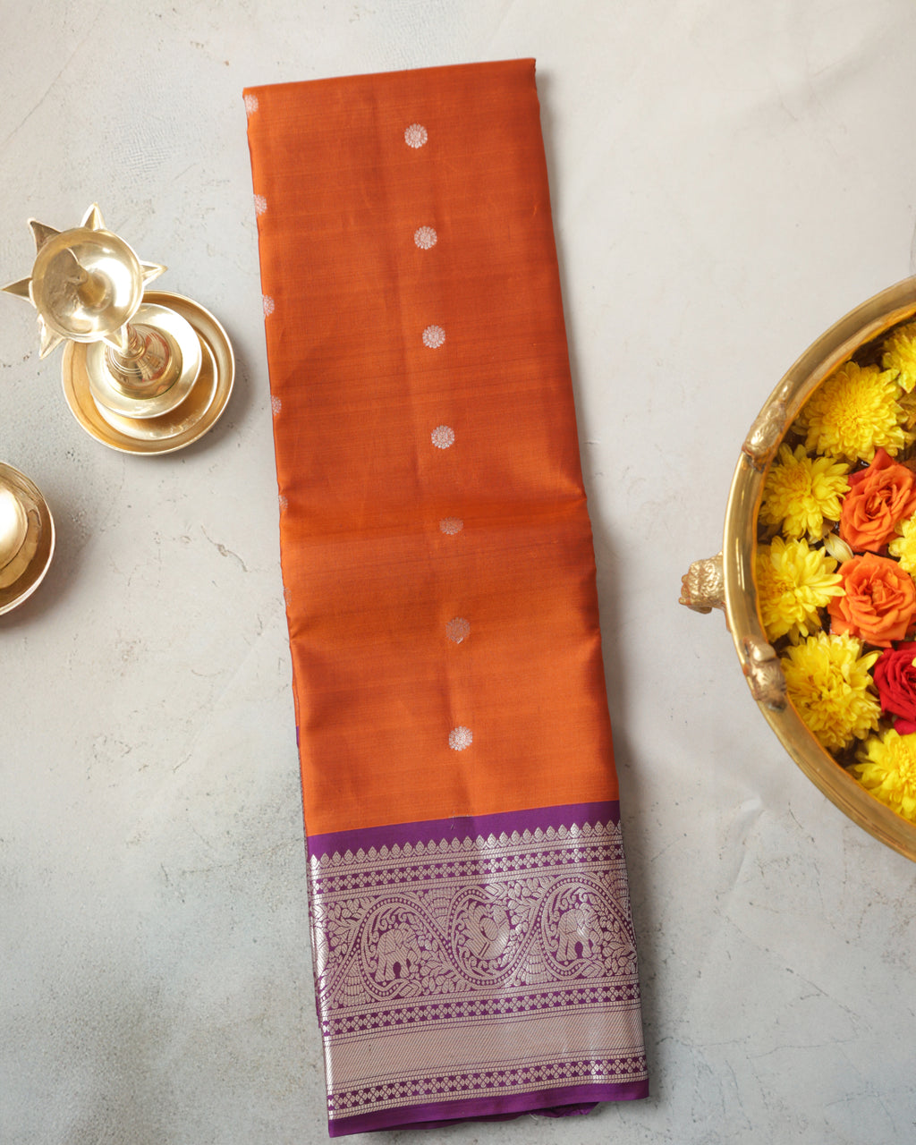 Kanchipuram Pure Silk Saree – Rust Orange & Purple with Silver Zari