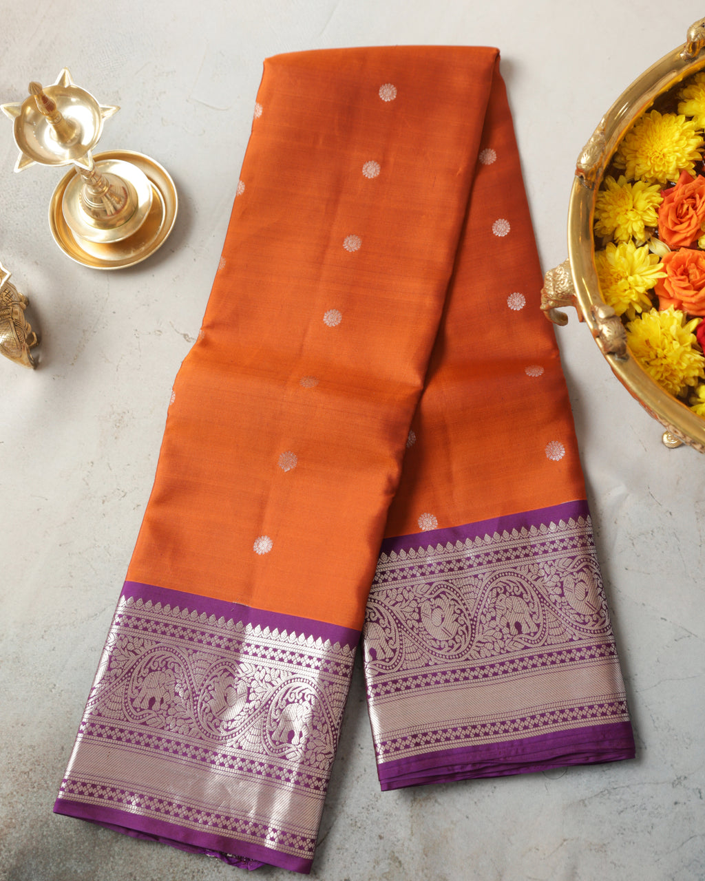 Kanchipuram Pure Silk Saree – Rust Orange & Purple with Silver Zari