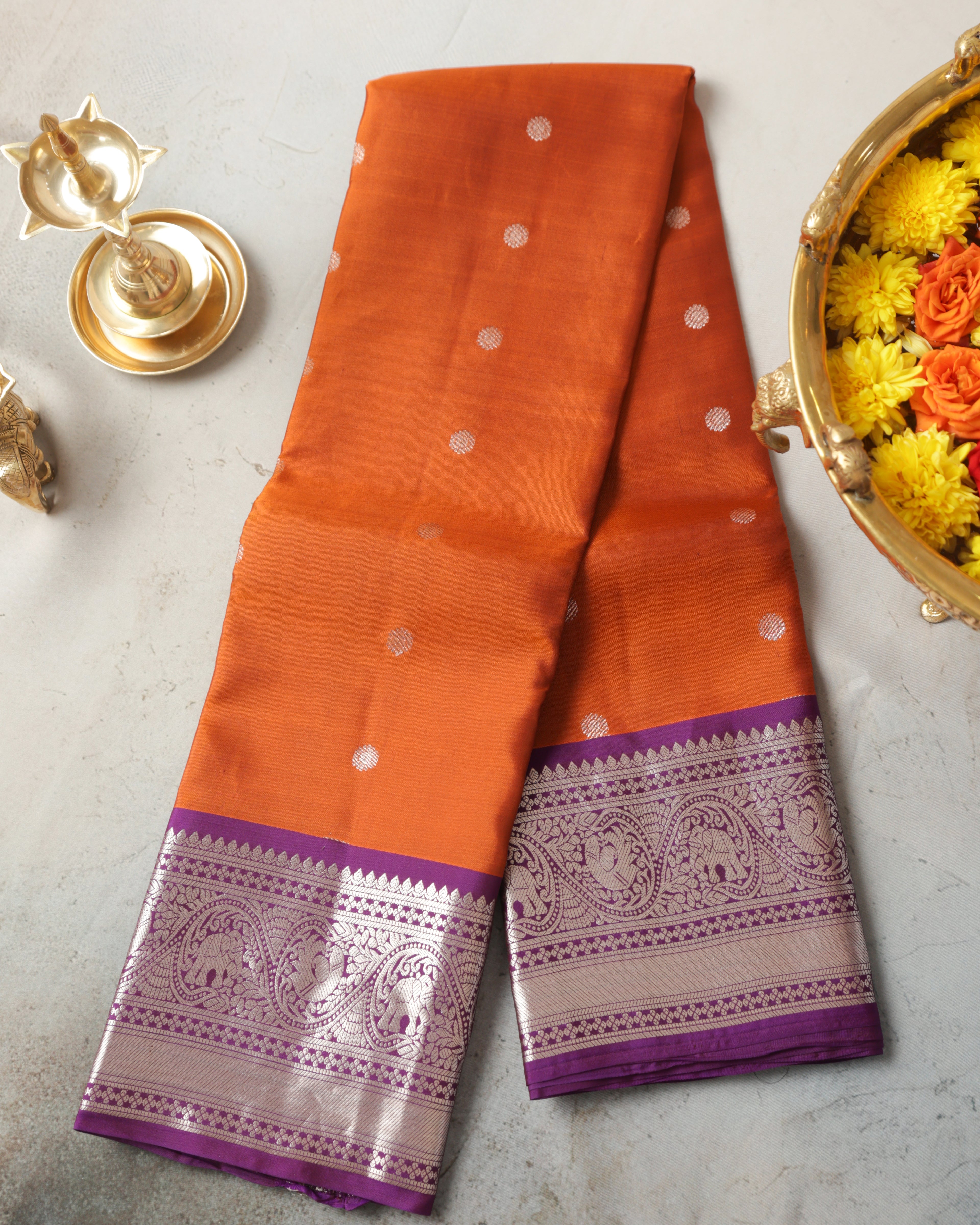 Kanchipuram Pure Silk Saree – Rust Orange & Purple with Silver Zari