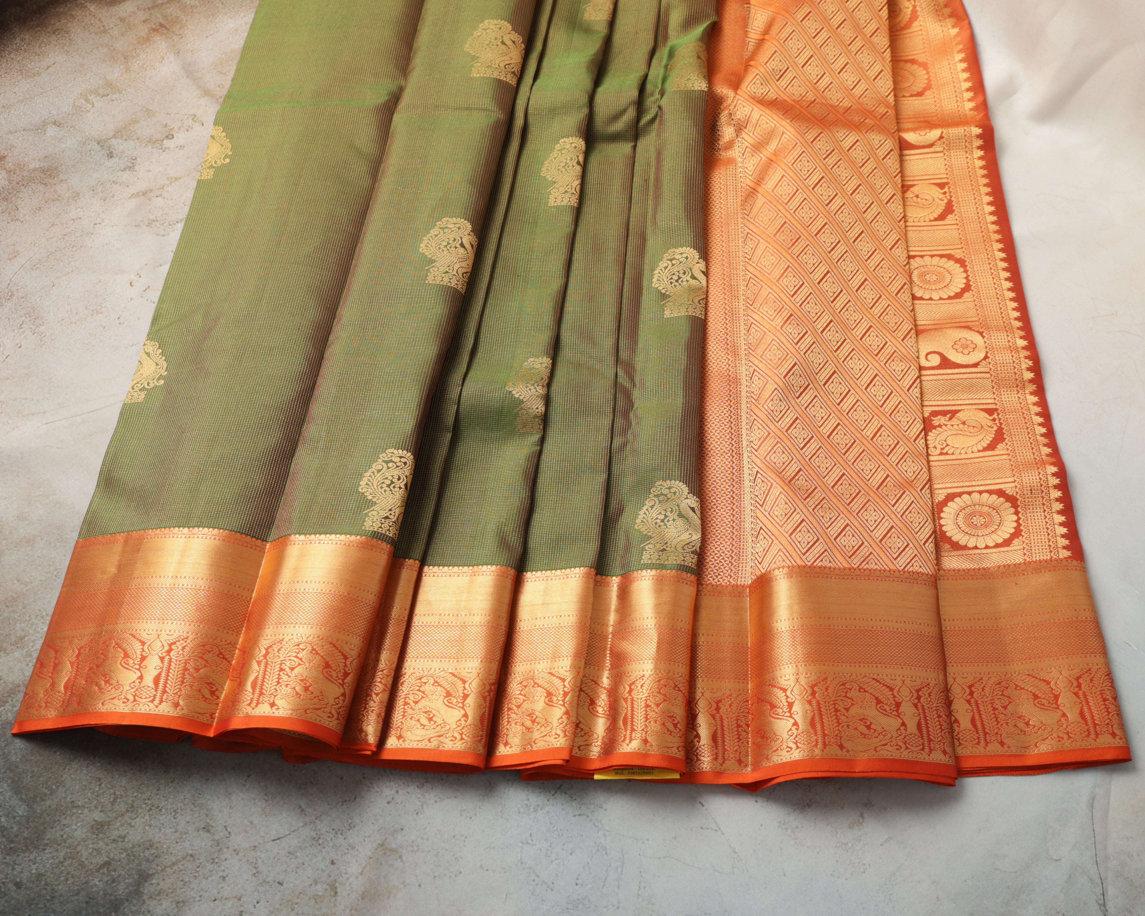 Kanchipuram Pure Silk Saree – Green & Orange with Gold Zari