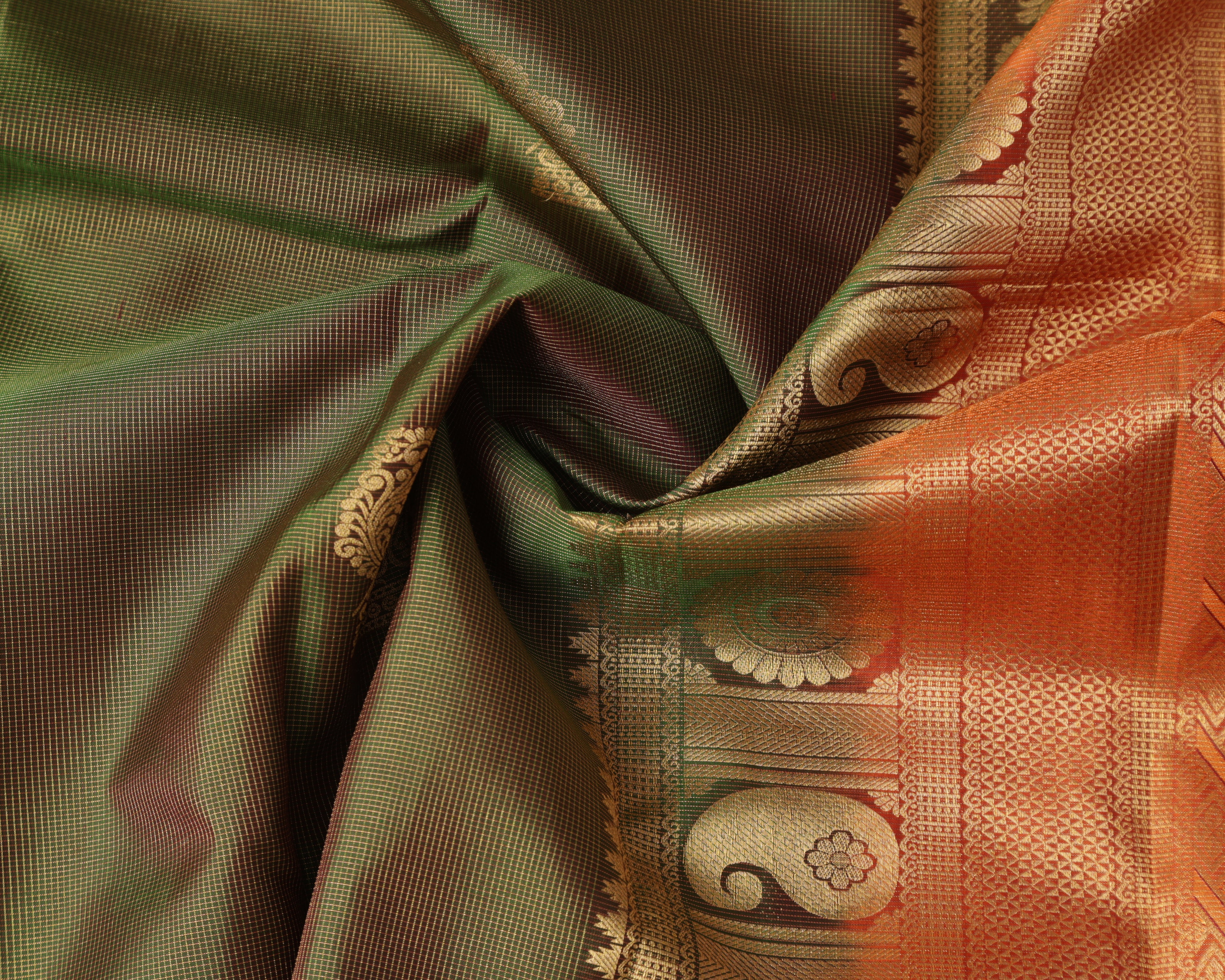 Kanchipuram Pure Silk Saree – Green & Orange with Gold Zari