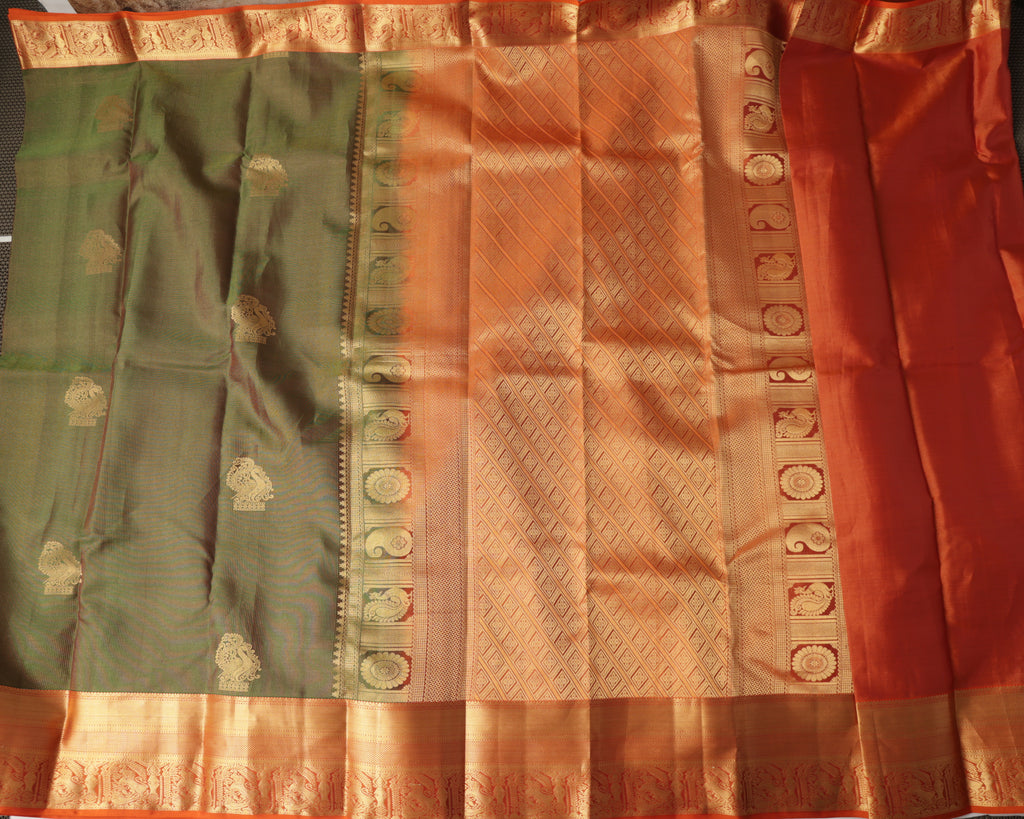 Kanchipuram Pure Silk Saree – Green & Orange with Gold Zari