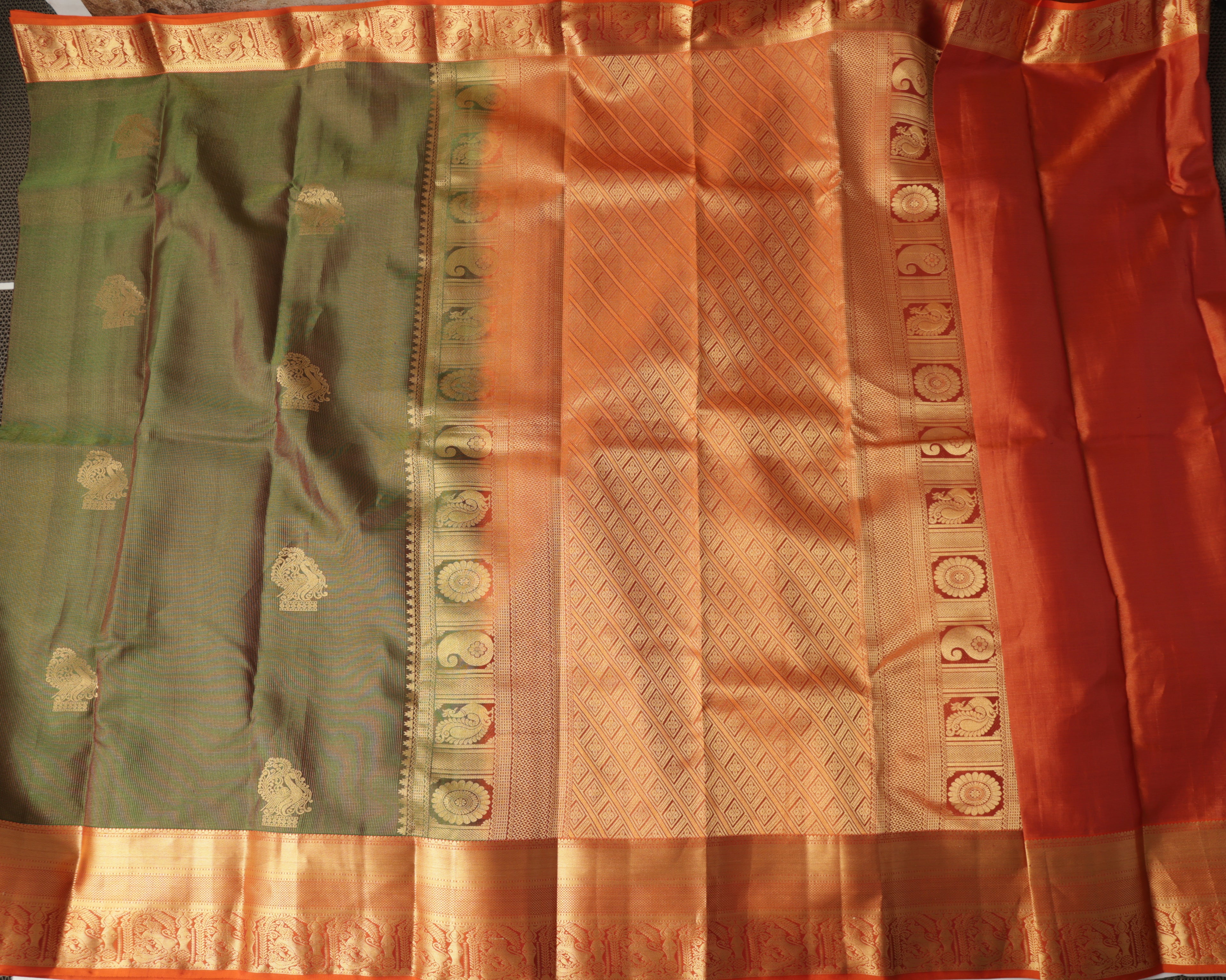 Kanchipuram Pure Silk Saree – Green & Orange with Gold Zari