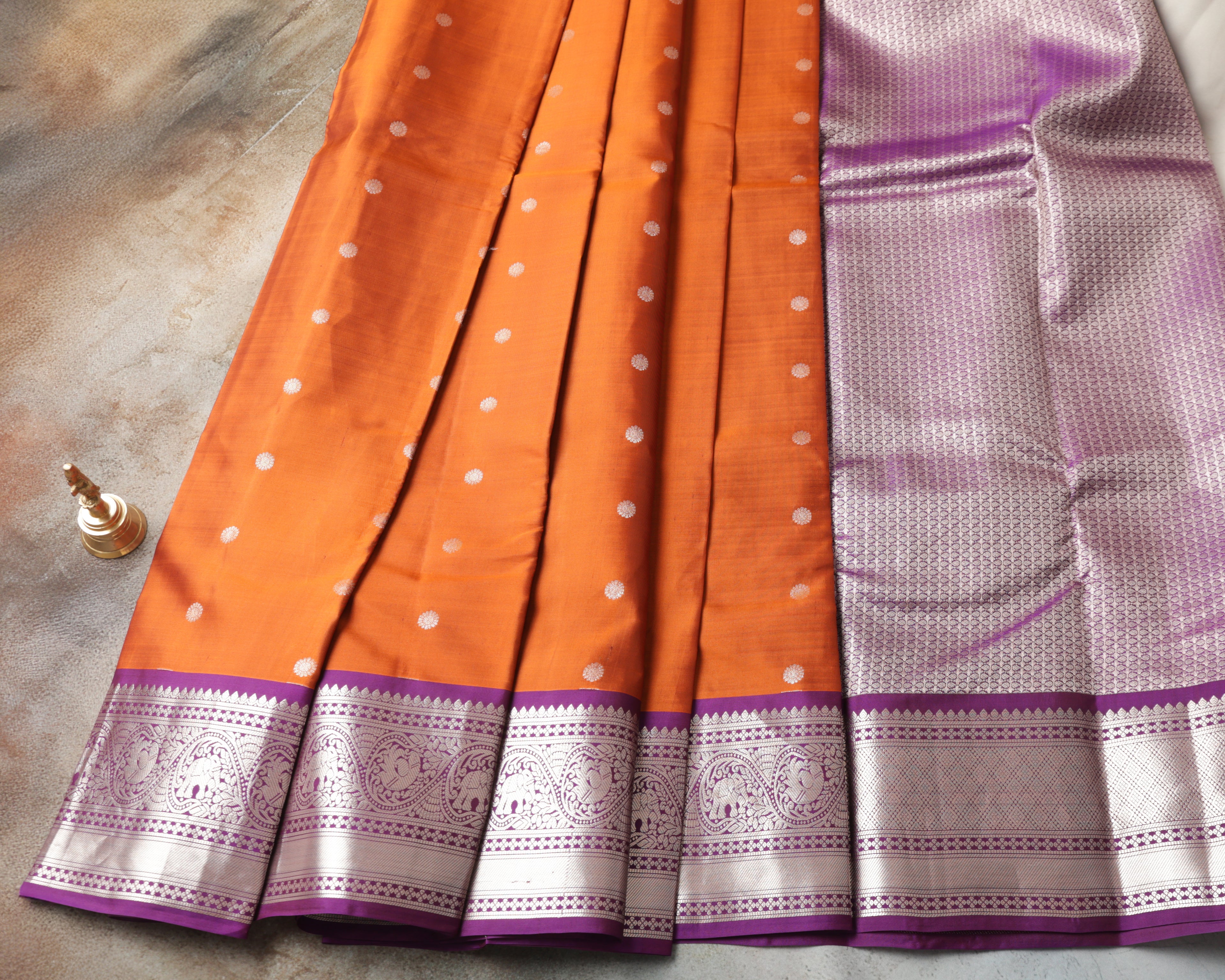 Kanchipuram Pure Silk Saree – Rust Orange & Purple with Silver Zari