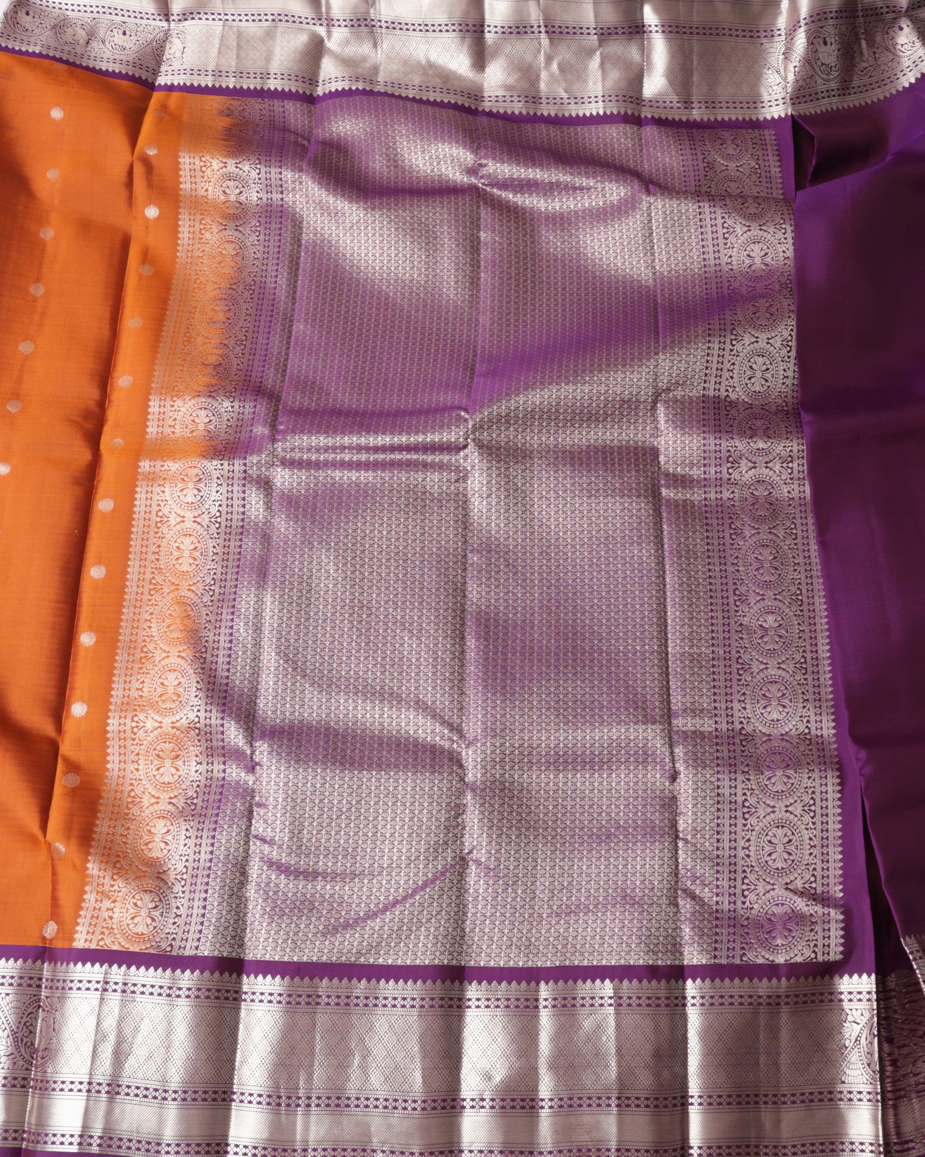 Kanchipuram Pure Silk Saree – Rust Orange & Purple with Silver Zari