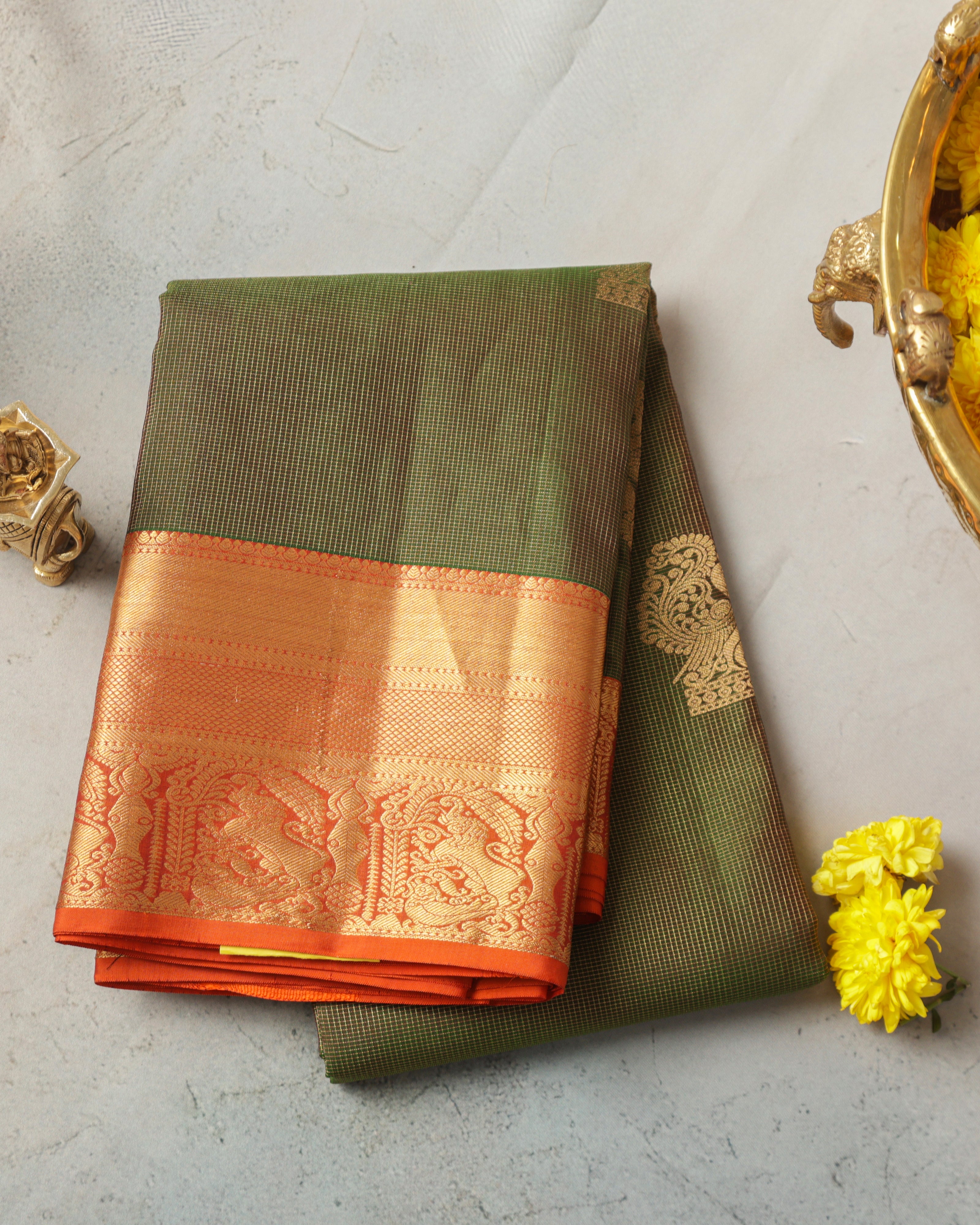 Kanchipuram Pure Silk Saree – Green & Orange with Gold Zari