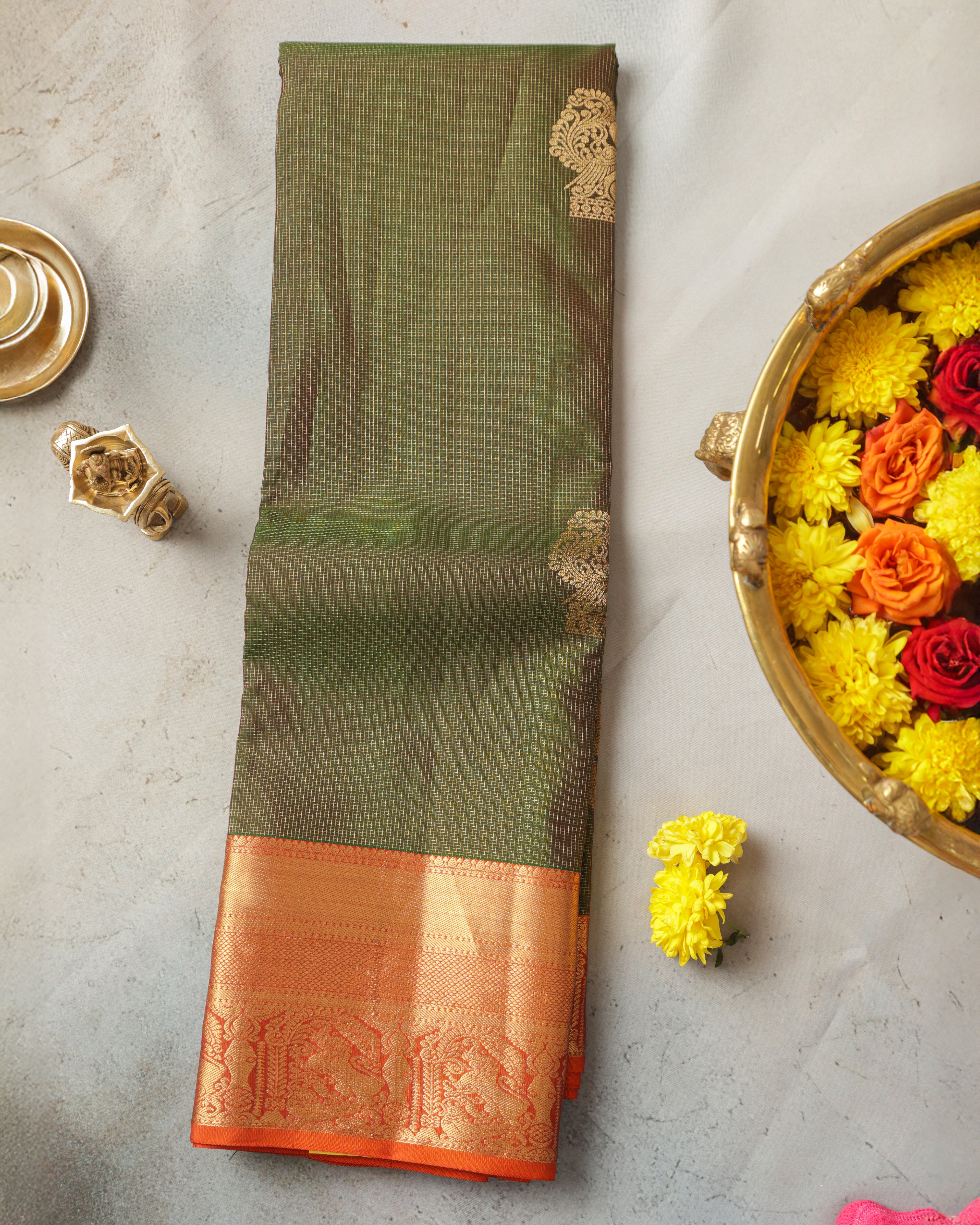 Kanchipuram Pure Silk Saree – Green & Orange with Gold Zari