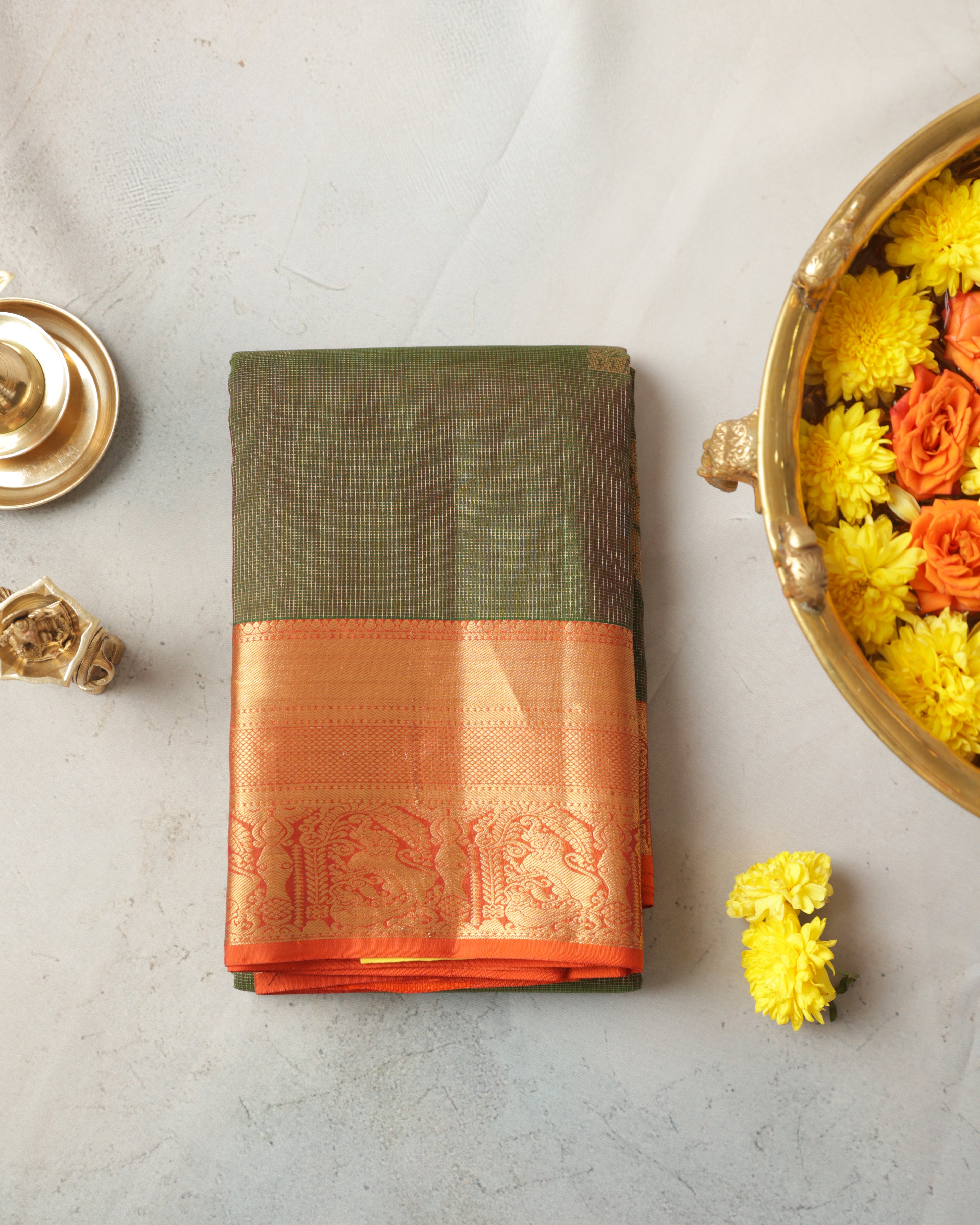 Kanchipuram Pure Silk Saree – Green & Orange with Gold Zari
