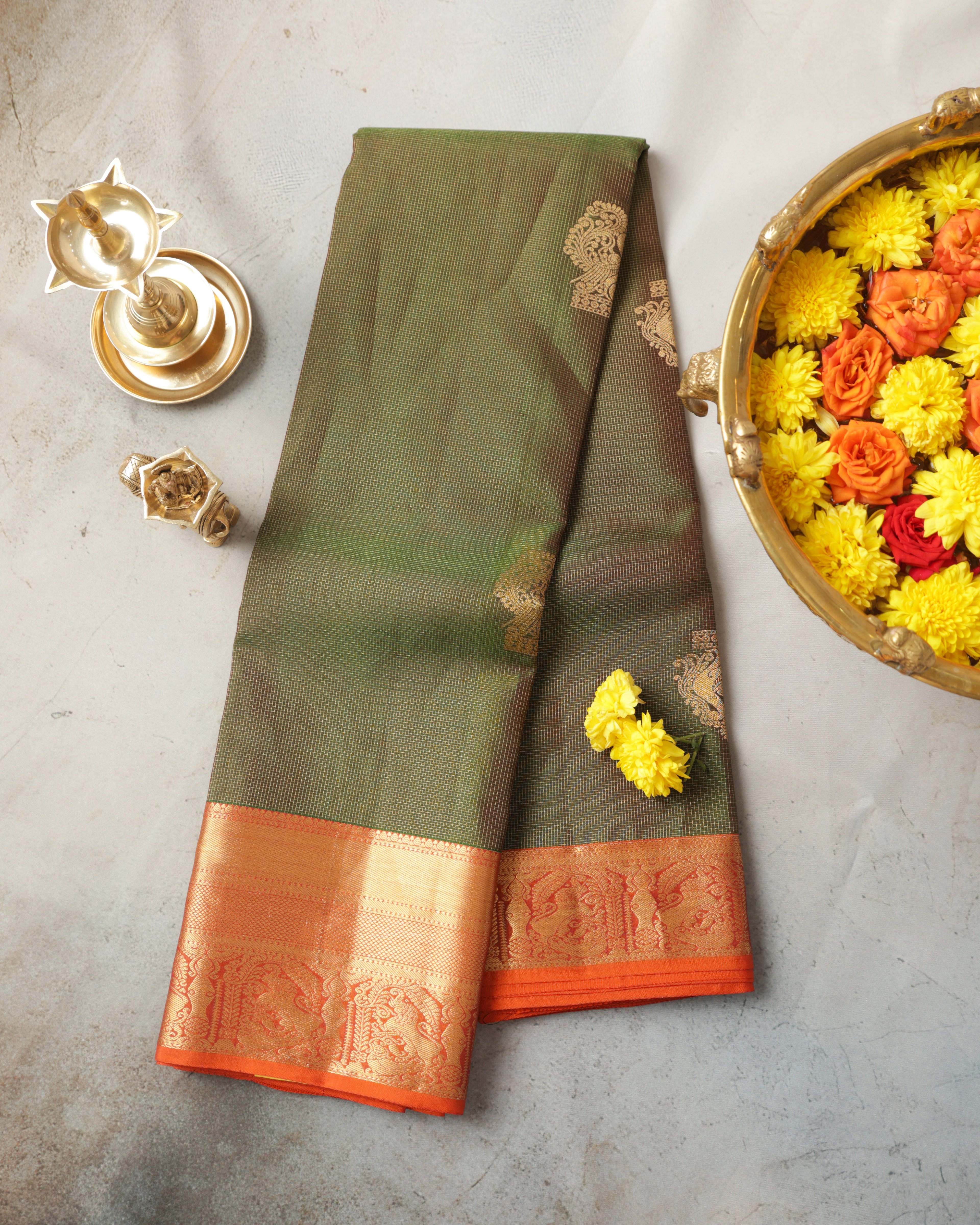 Kanchipuram Pure Silk Saree – Green & Orange with Gold Zari