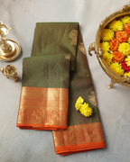 Kanchipuram Pure Silk Saree – Green & Orange with Gold Zari