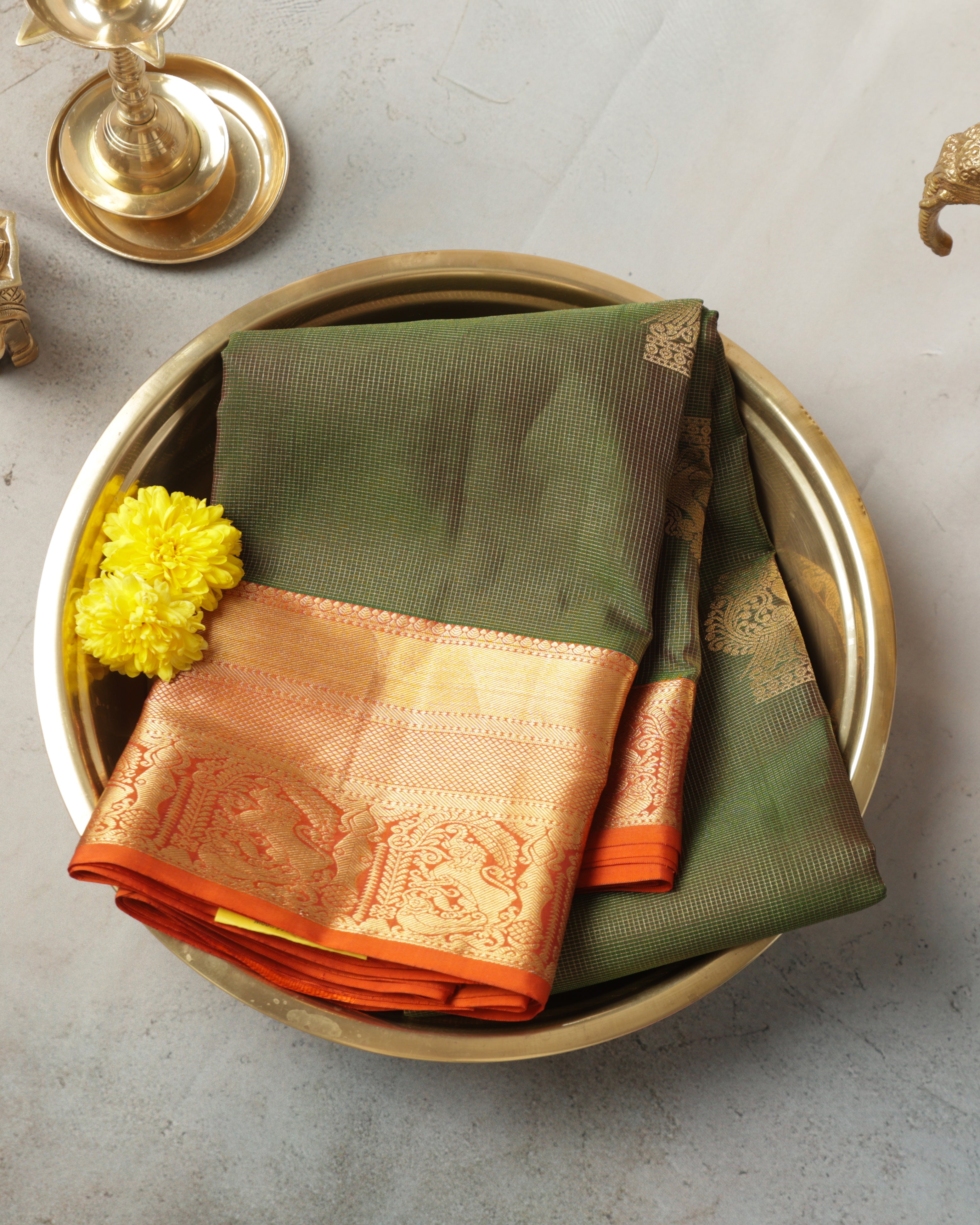 Kanchipuram Pure Silk Saree – Green & Orange with Gold Zari