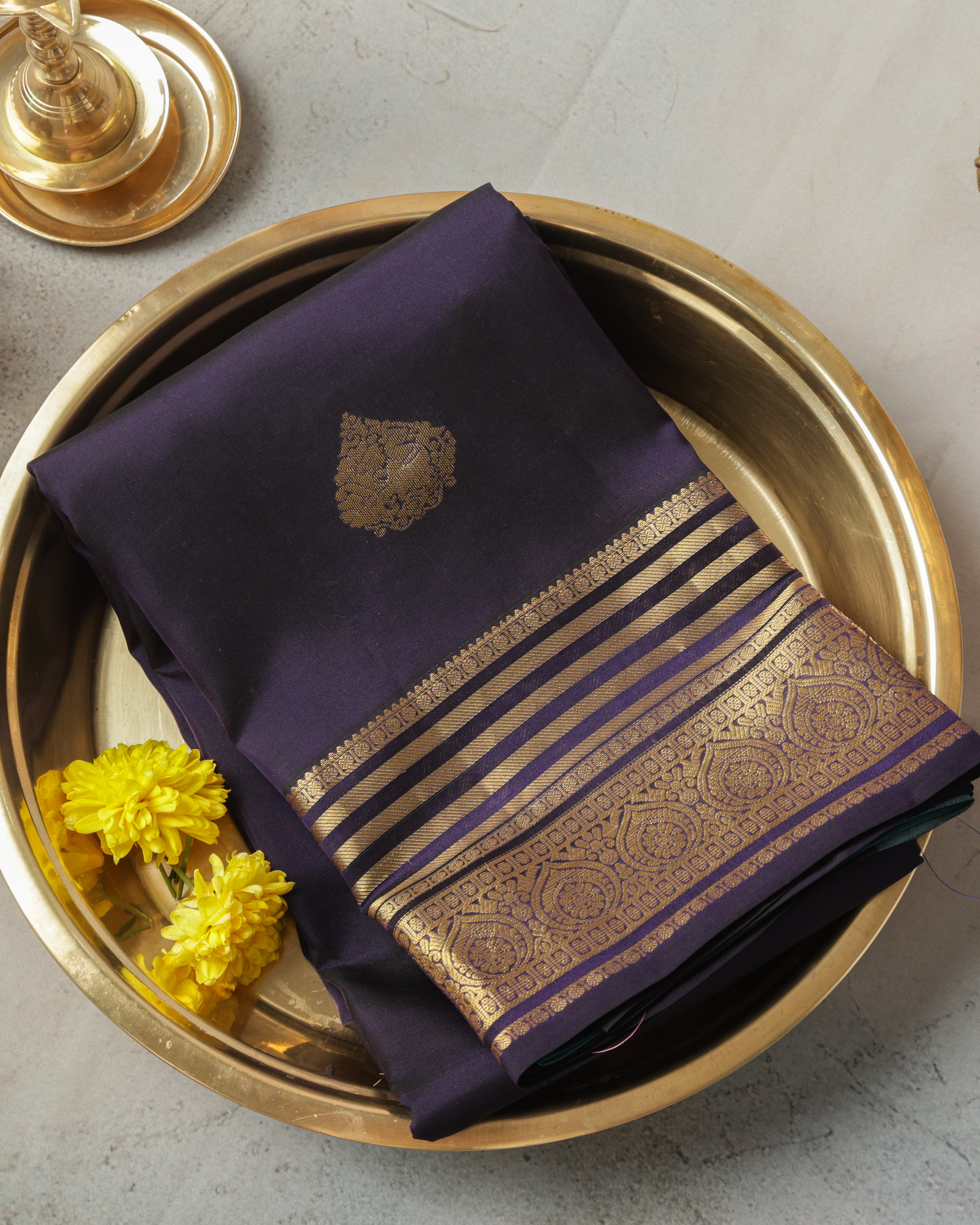 Kanchipuram Half Mix Silk Saree – Navy Blue with Contrast Pallu & Golden Zari