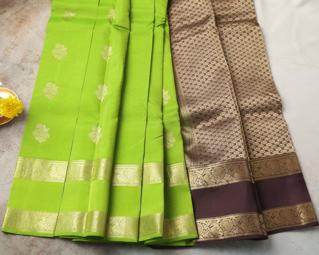 Kanchipuram Half Mix Silk Saree – Green with Golden Zari Butta & Gap Border