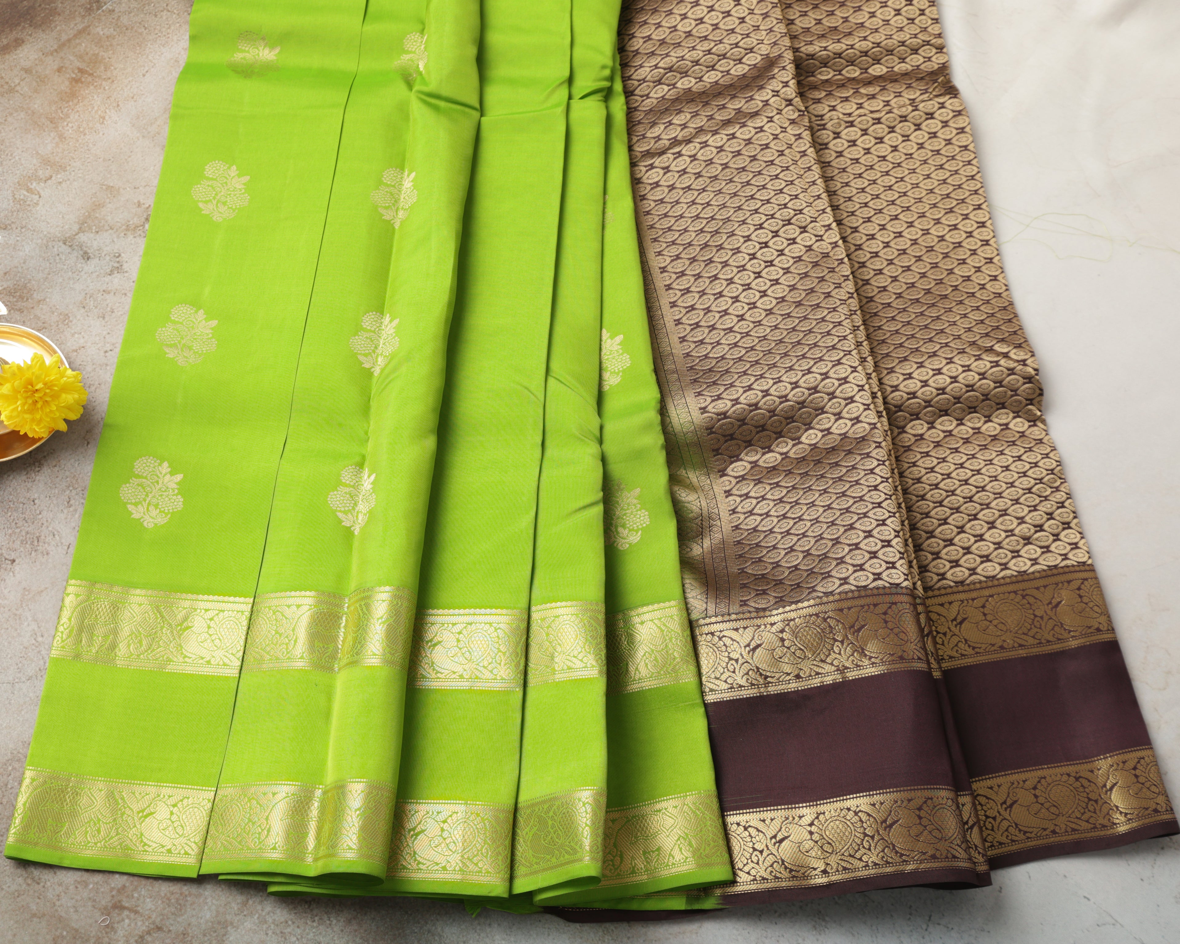 Kanchipuram Half Mix Silk Saree – Green with Golden Zari Butta & Gap Border