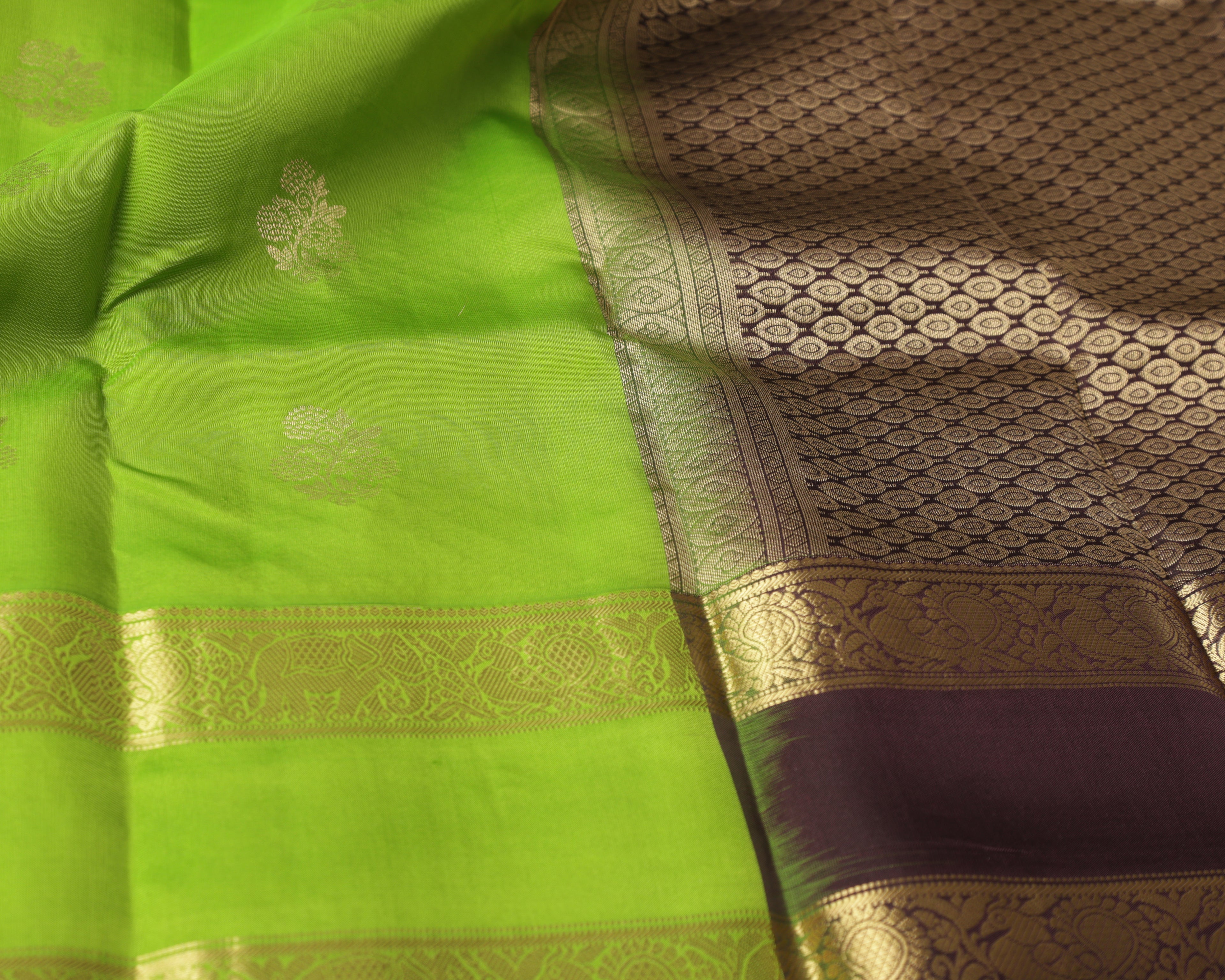 Kanchipuram Half Mix Silk Saree – Green with Golden Zari Butta & Gap Border