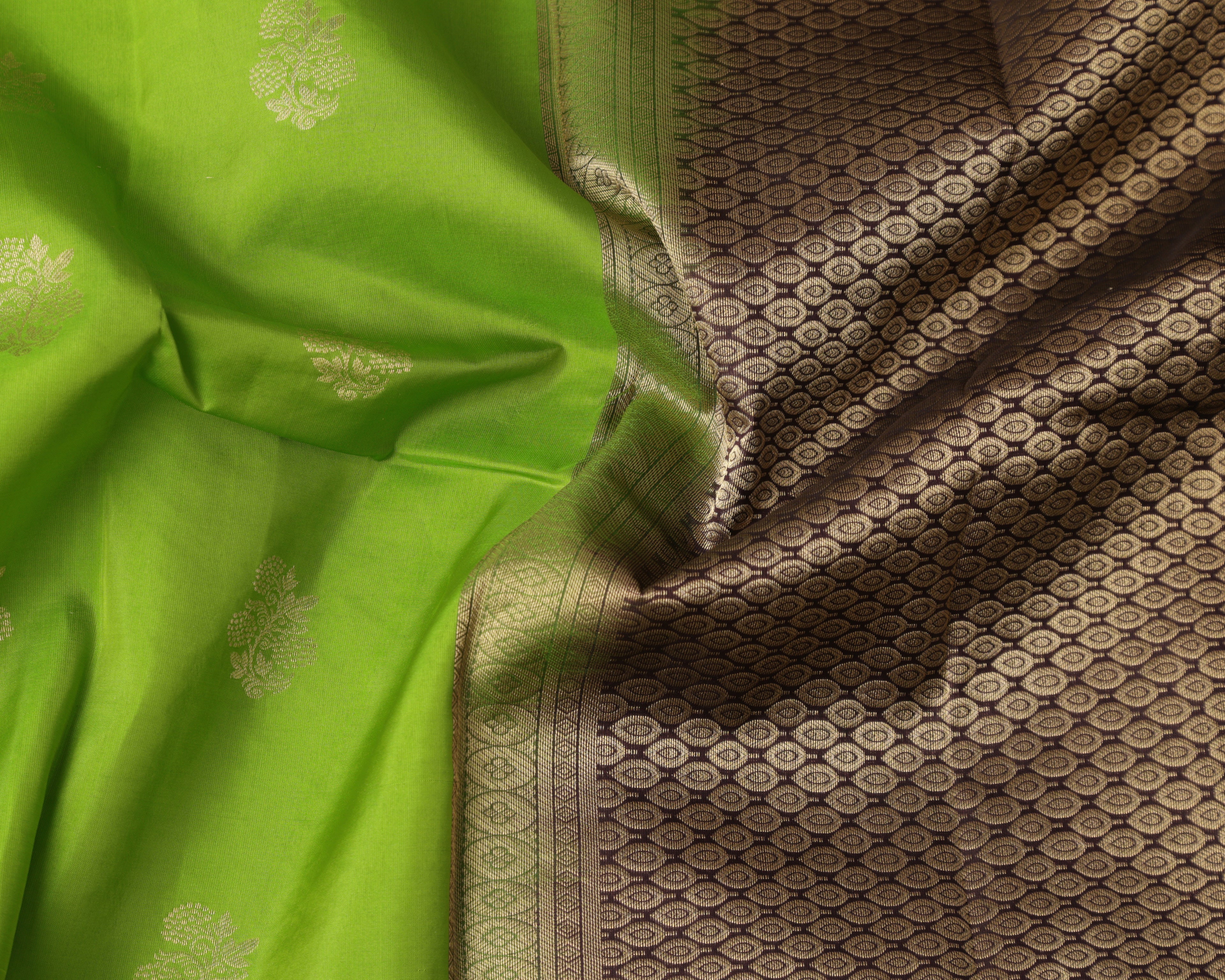 Kanchipuram Half Mix Silk Saree – Green with Golden Zari Butta & Gap Border