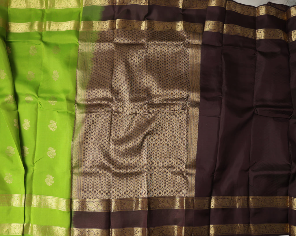 Kanchipuram Half Mix Silk Saree – Green with Golden Zari Butta & Gap Border