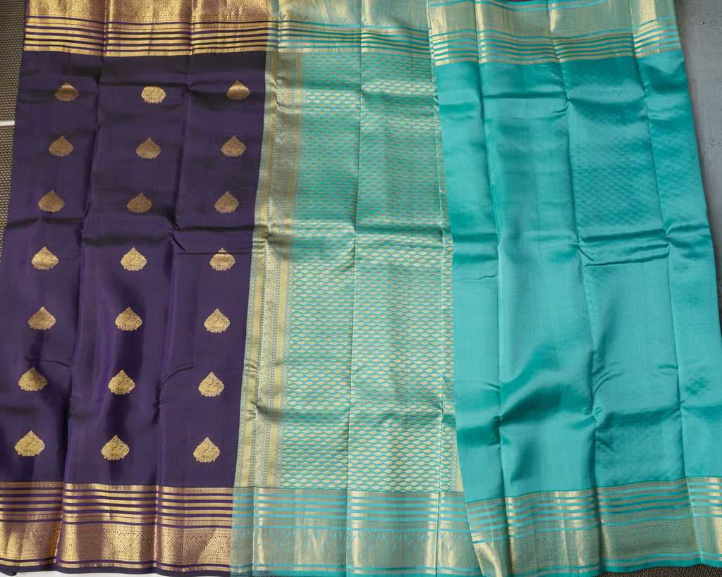 Kanchipuram Half Mix Silk Saree – Navy Blue with Contrast Pallu & Golden Zari