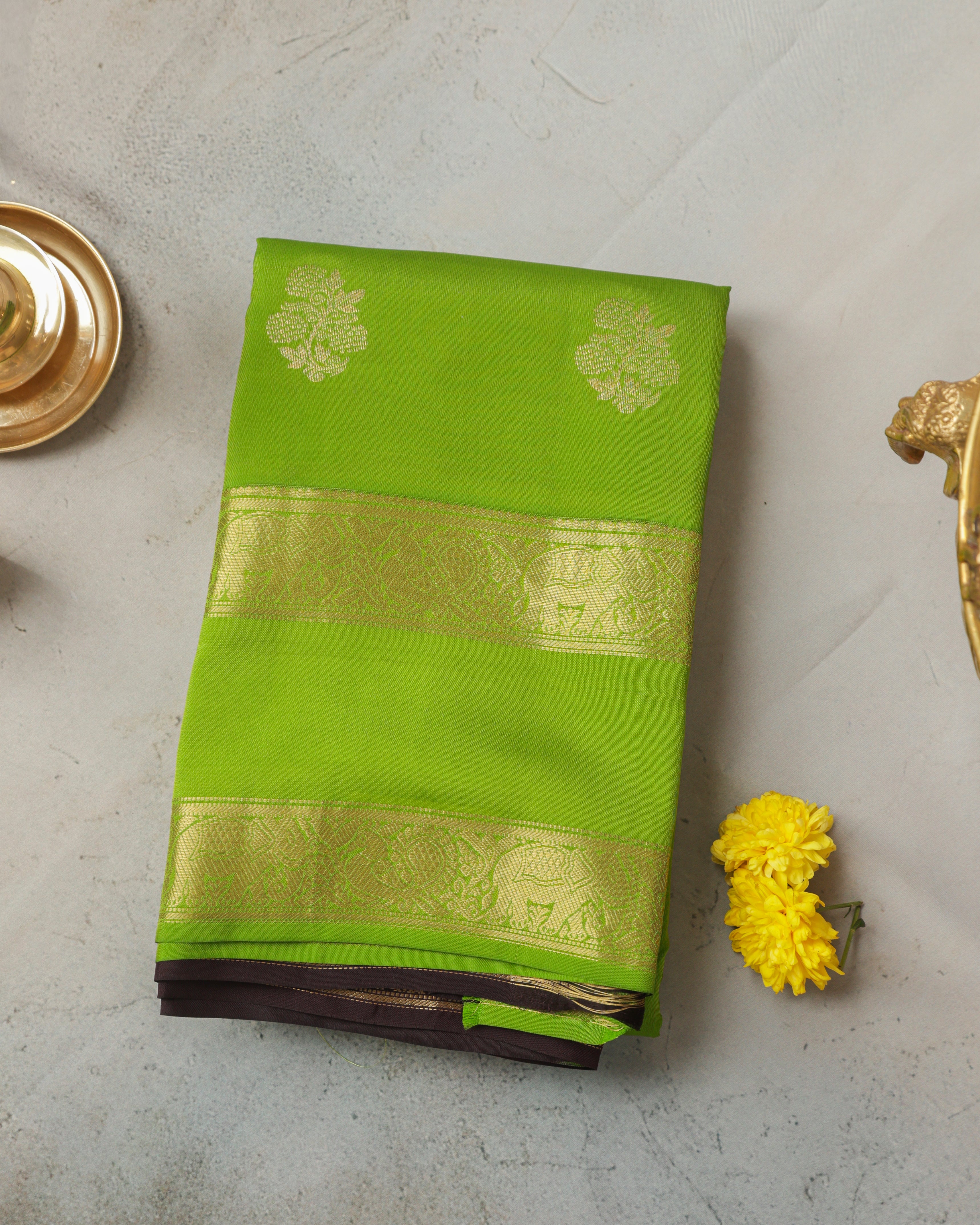 Kanchipuram Half Mix Silk Saree – Green with Golden Zari Butta & Gap Border