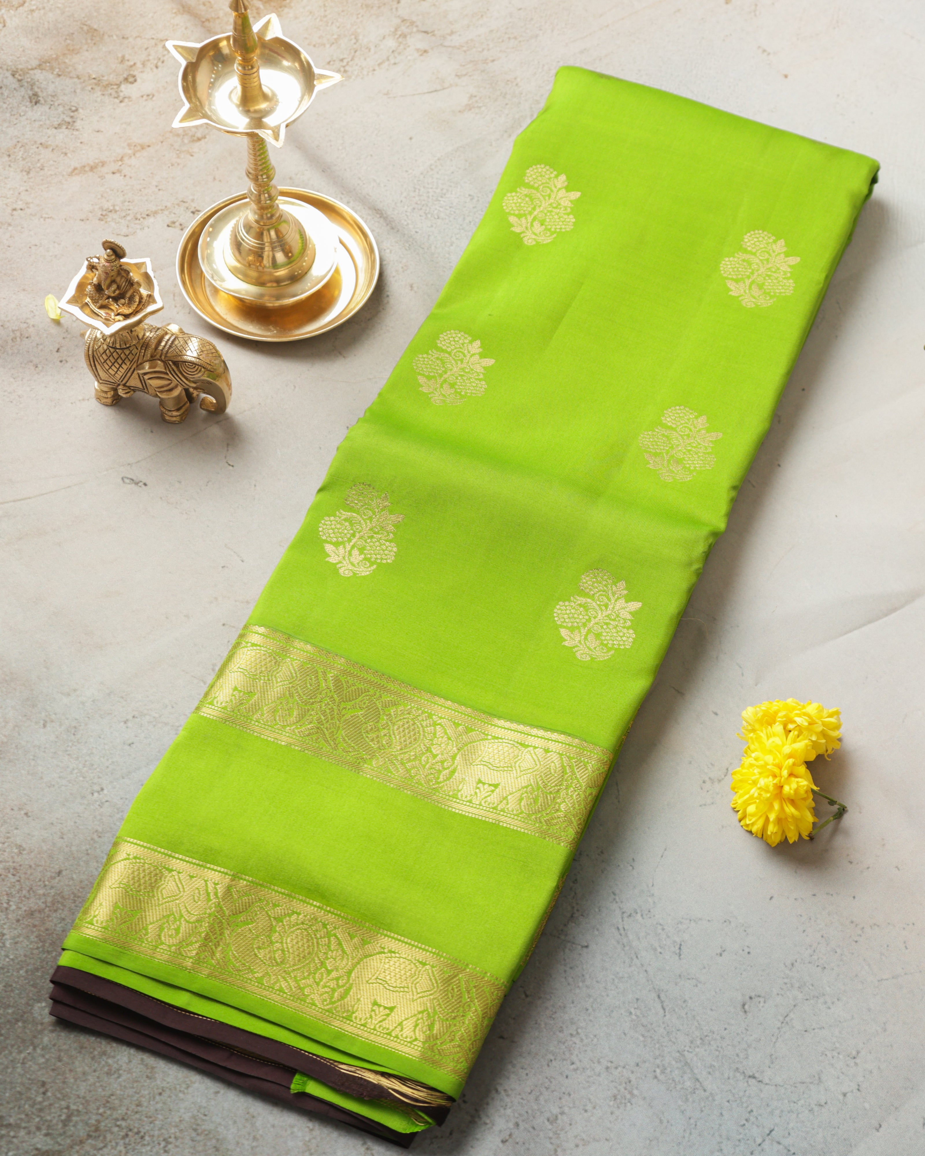 Kanchipuram Half Mix Silk Saree – Green with Golden Zari Butta & Gap Border
