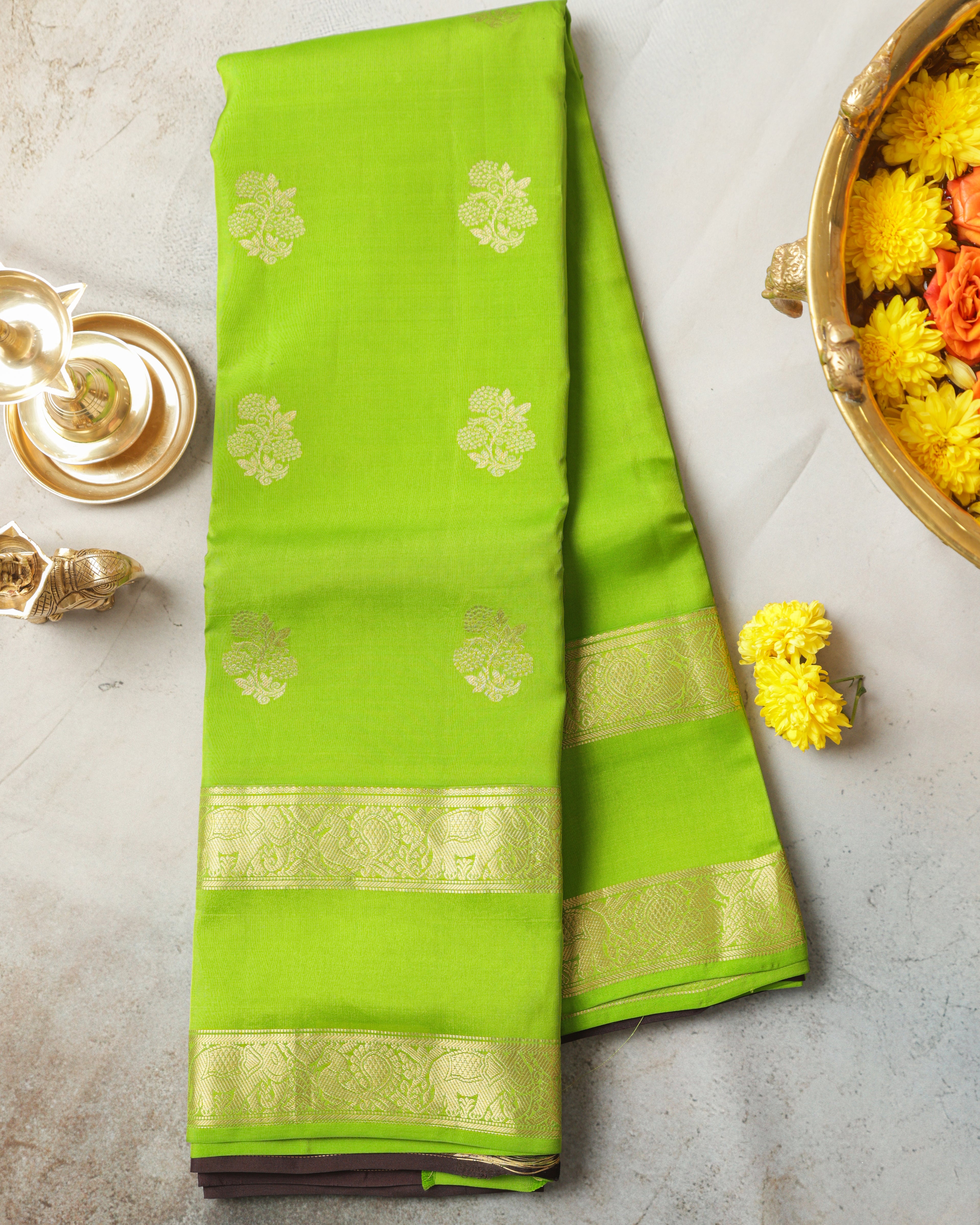 Kanchipuram Half Mix Silk Saree – Green with Golden Zari Butta & Gap Border