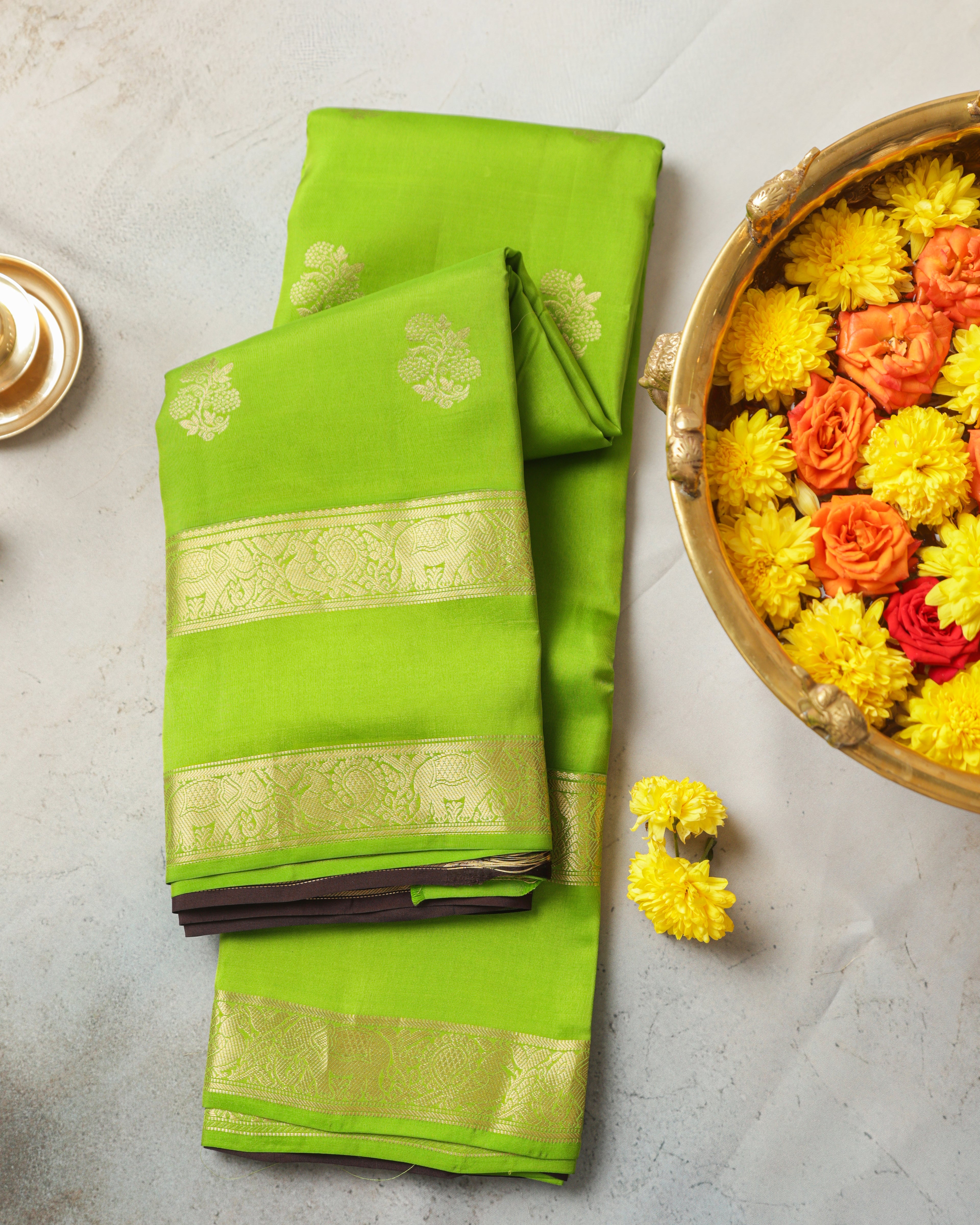 Kanchipuram Half Mix Silk Saree – Green with Golden Zari Butta & Gap Border