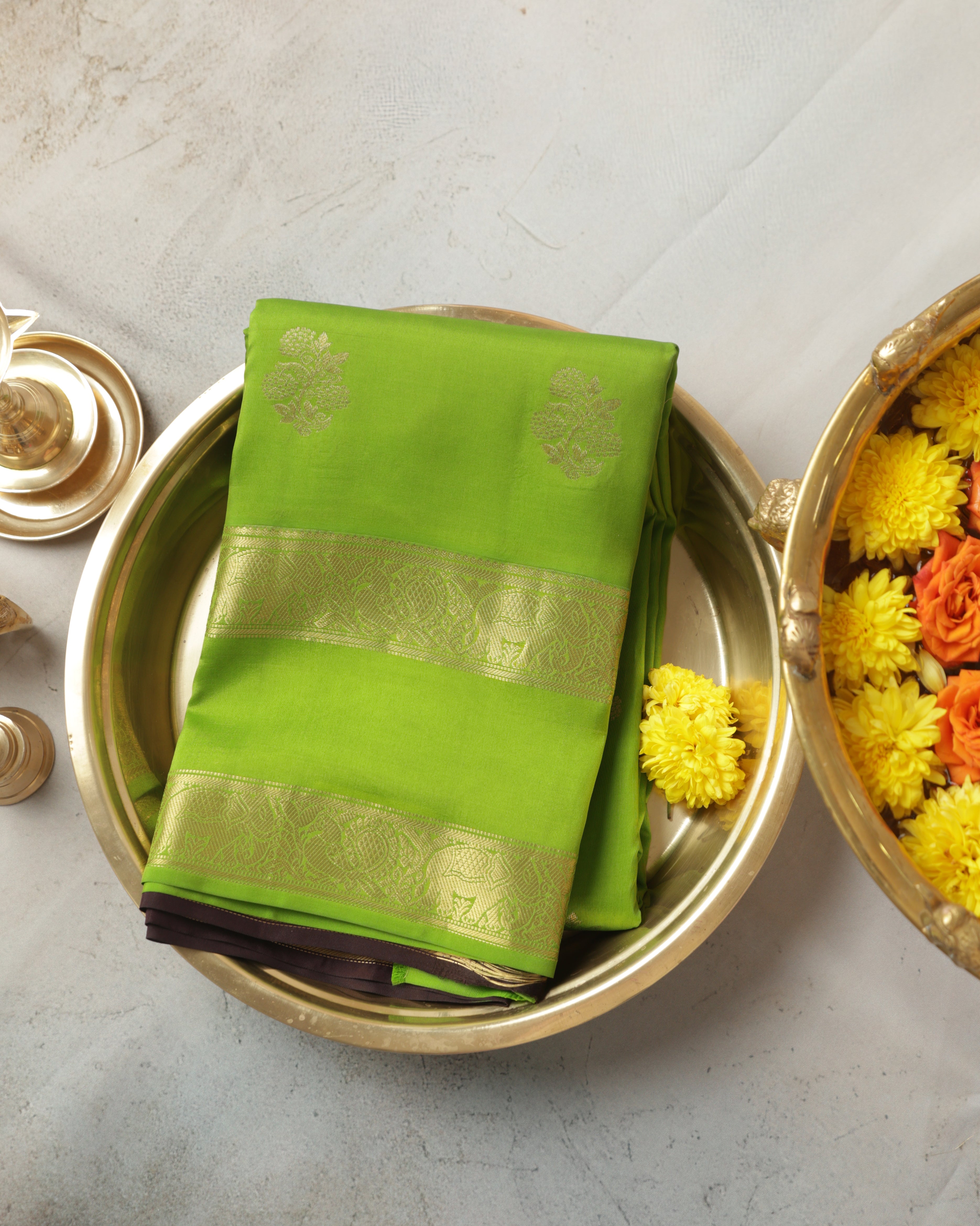 Kanchipuram Half Mix Silk Saree – Green with Golden Zari Butta & Gap Border