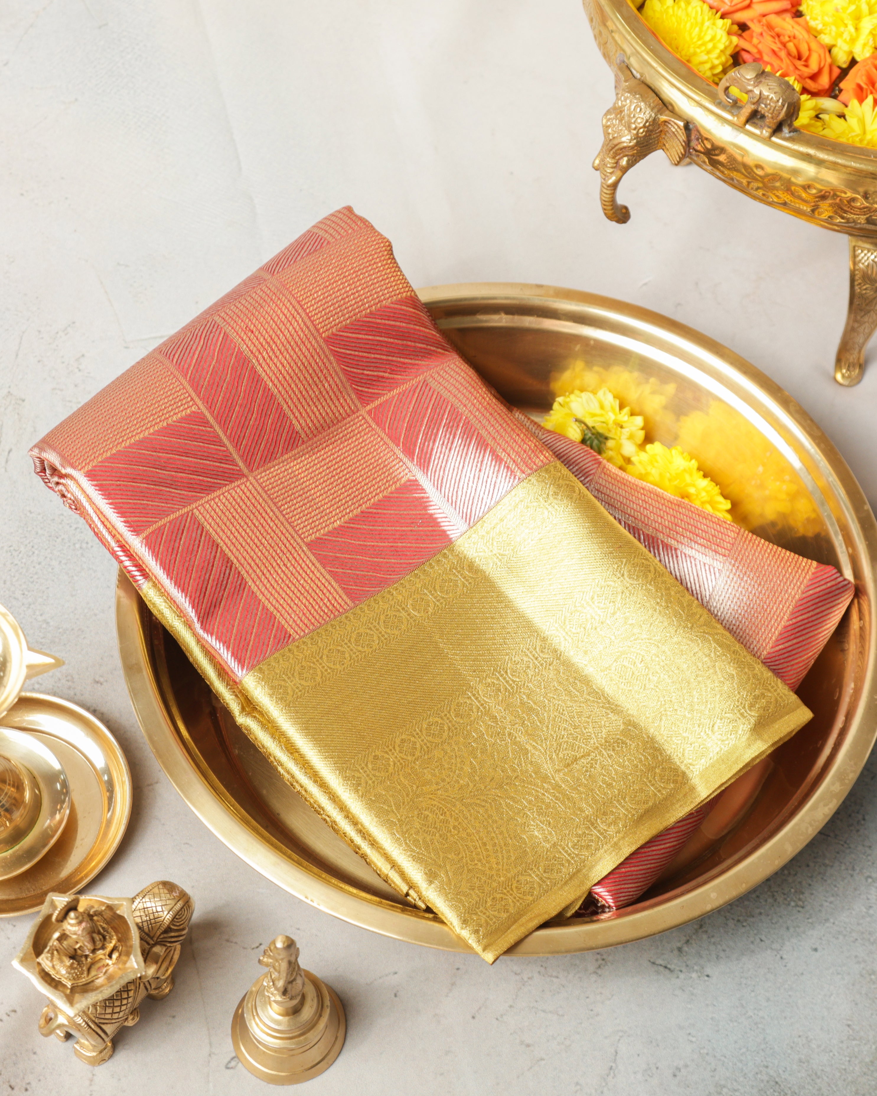 Kanchipuram Tissue Pure Silk Saree – Red & Gold Bridal Checks with Golden Zari