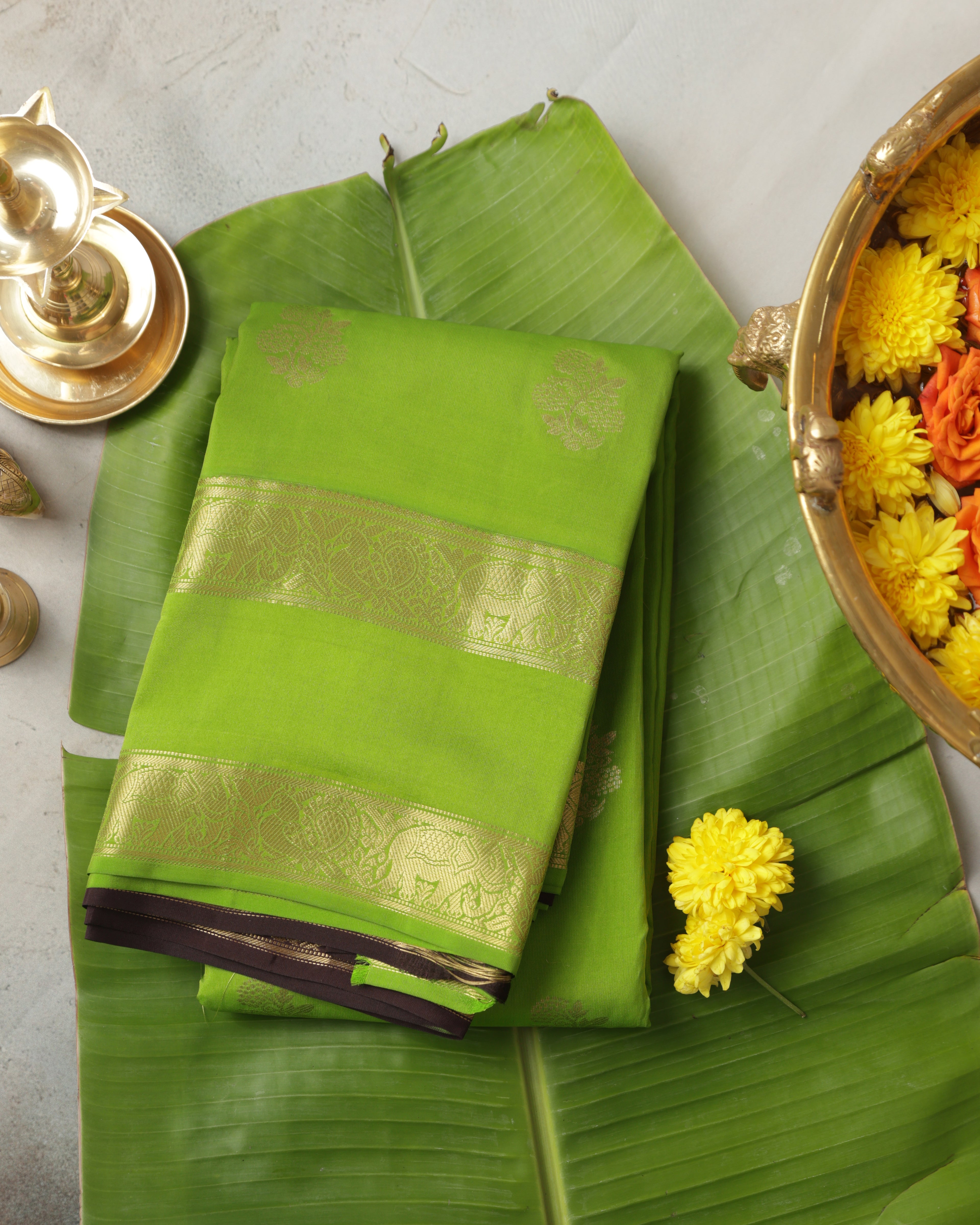 Kanchipuram Half Mix Silk Saree – Green with Golden Zari Butta & Gap Border