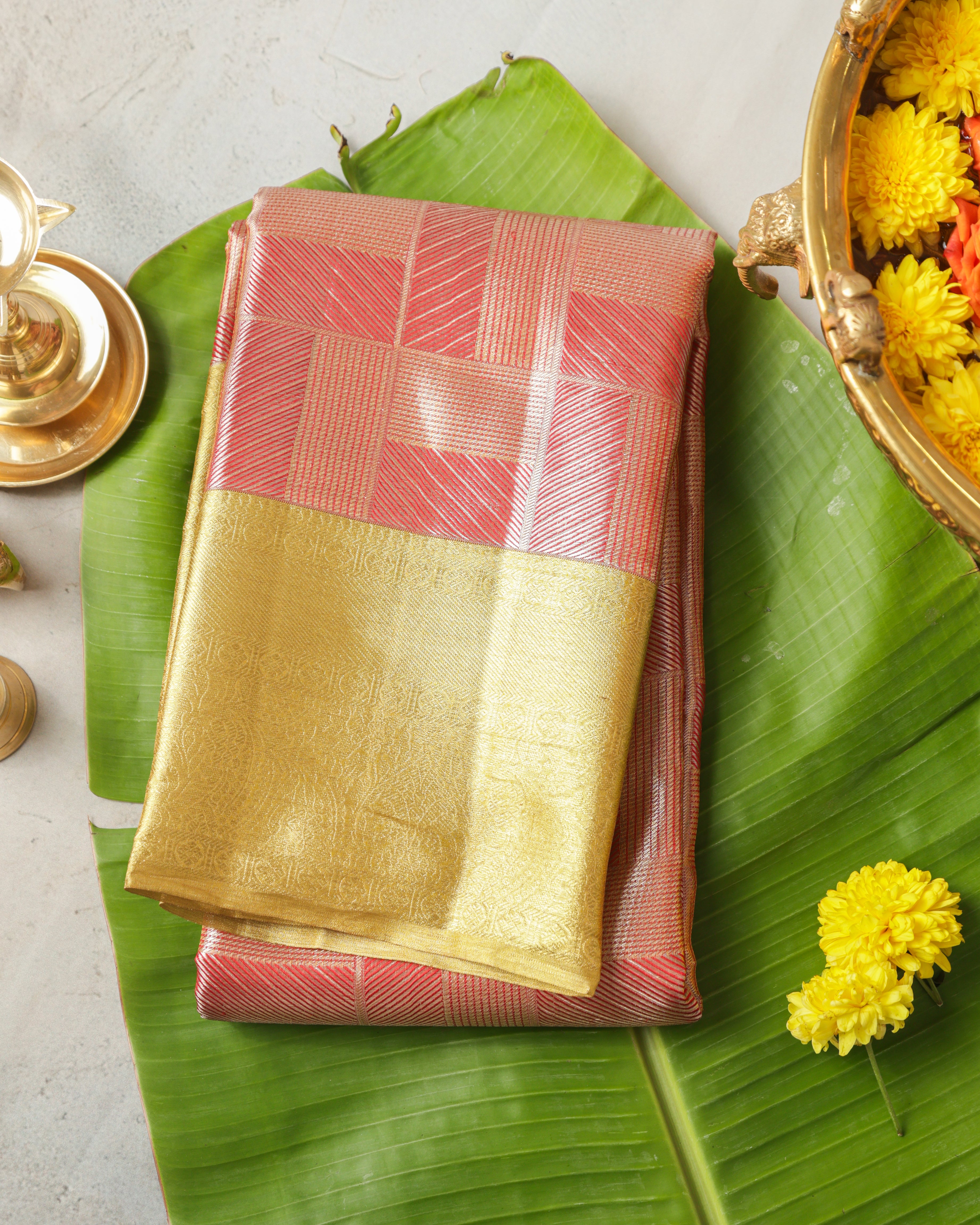 Kanchipuram Tissue Pure Silk Saree – Red & Gold Bridal Checks with Golden Zari