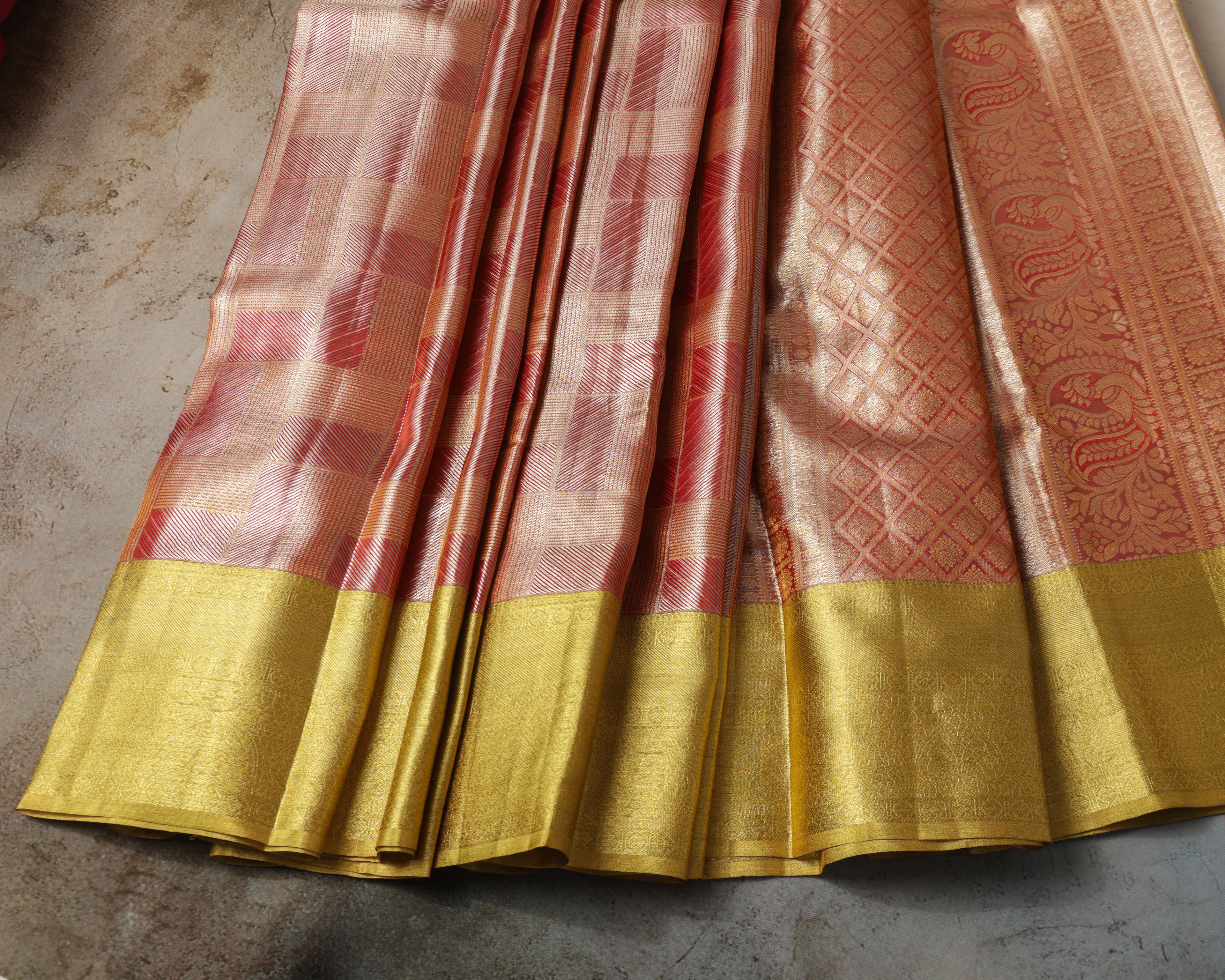 Kanchipuram Tissue Pure Silk Saree – Red & Gold Bridal Checks with Golden Zari
