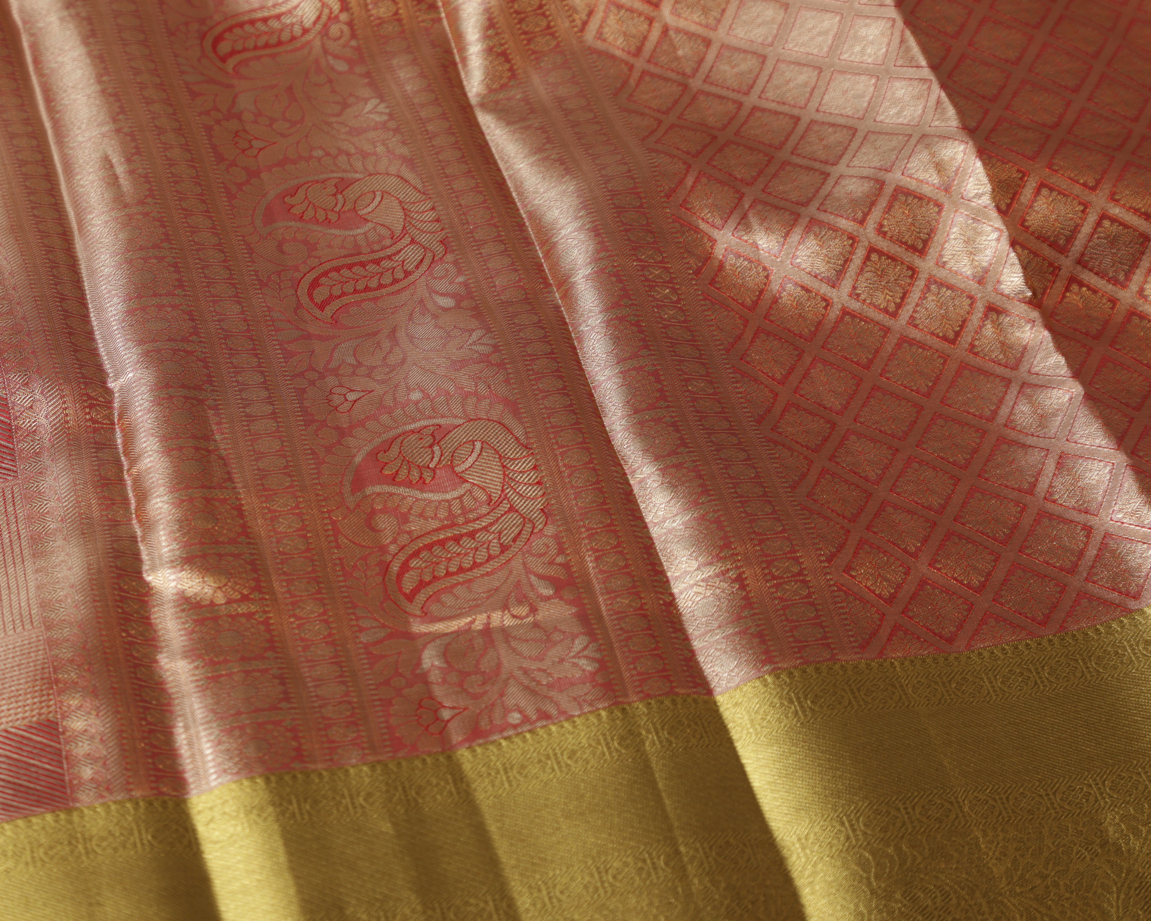 Kanchipuram Tissue Pure Silk Saree – Red & Gold Bridal Checks with Golden Zari