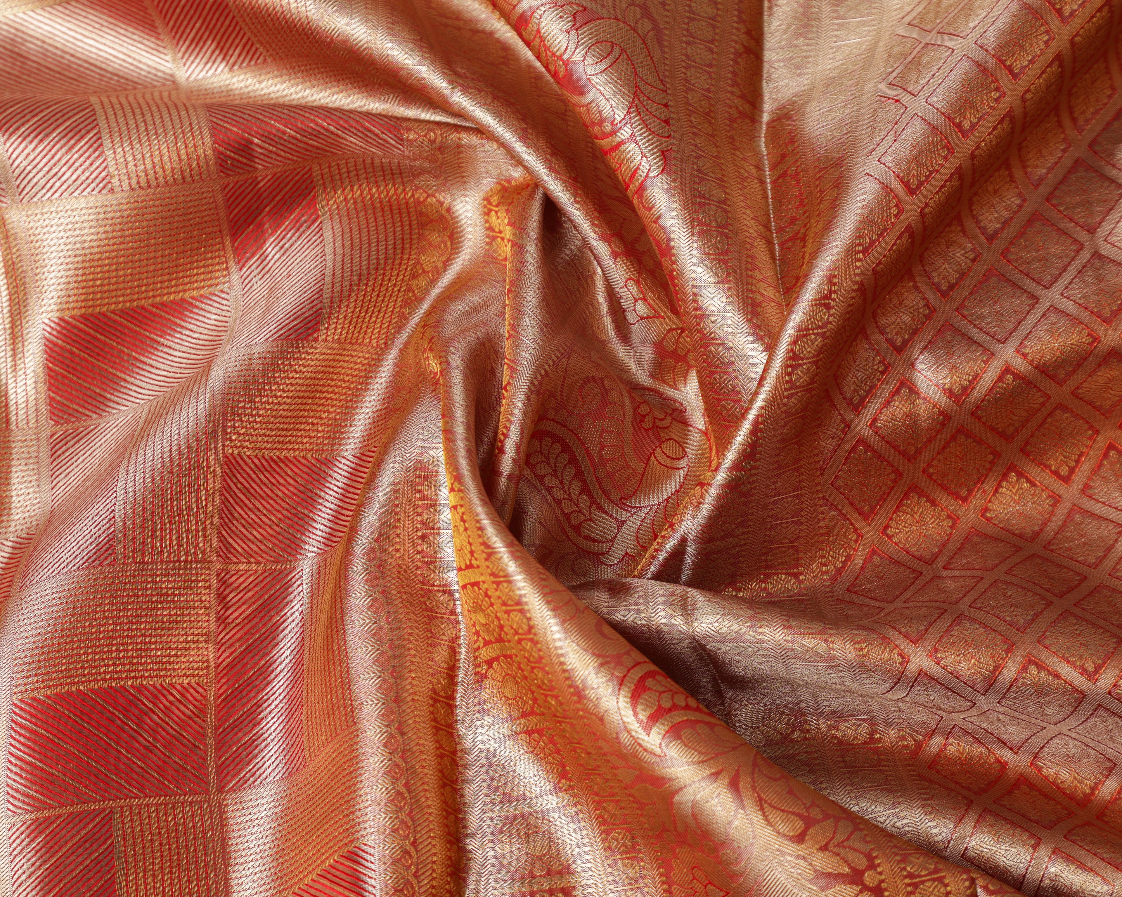Kanchipuram Tissue Pure Silk Saree – Red & Gold Bridal Checks with Golden Zari